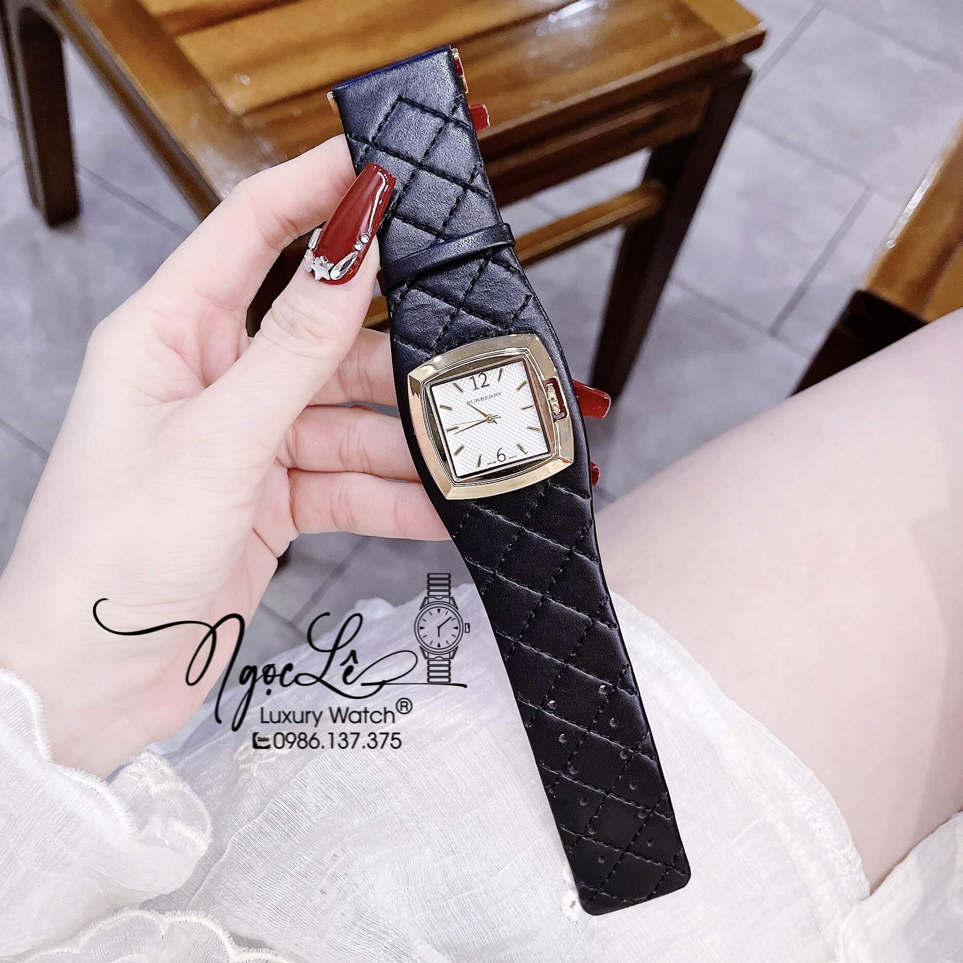 Đồng Hồ Nữ Burberry Dây Da Đen Trần Trám Mặt Vuông Trắng Size 36x36mm