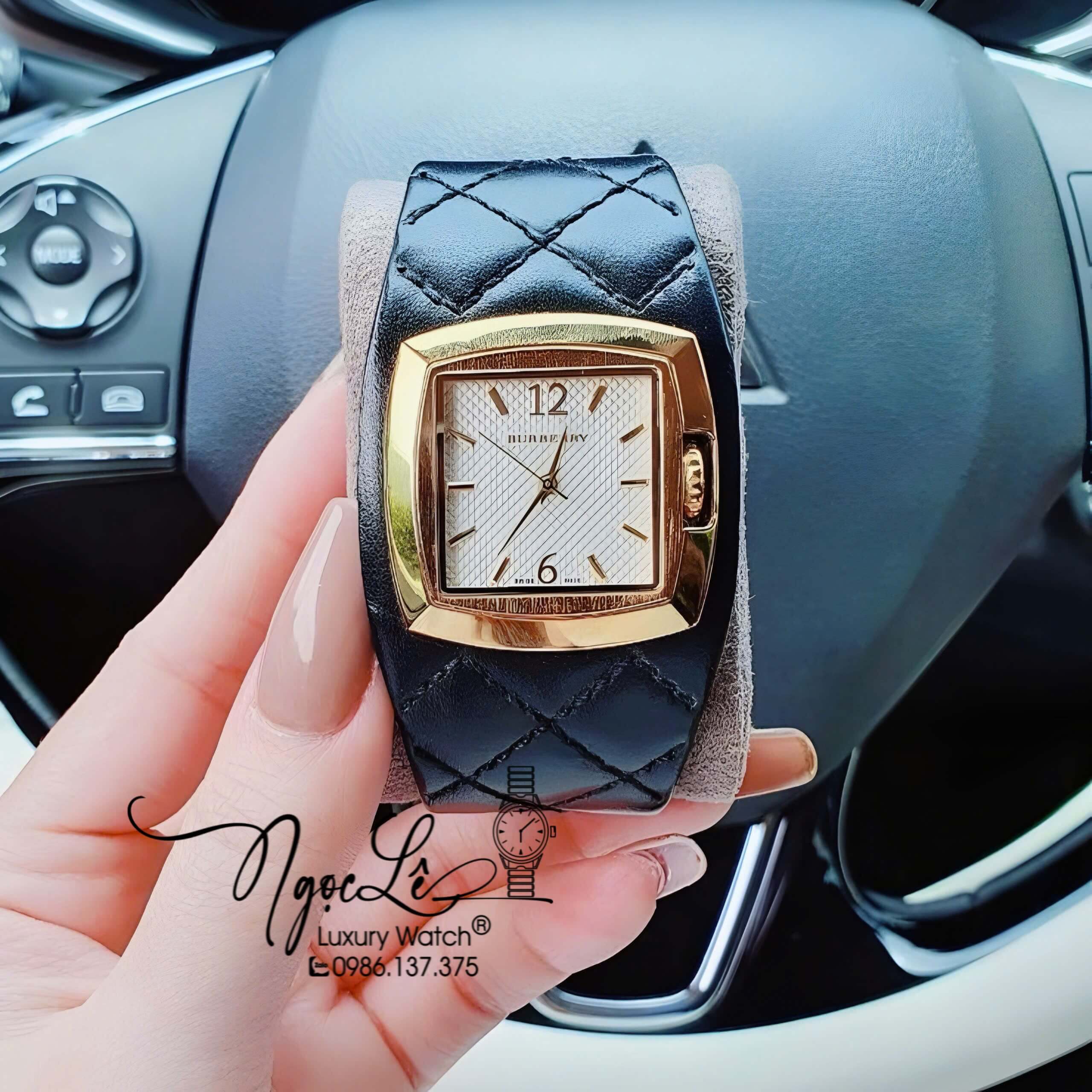 Đồng Hồ Nữ Burberry Dây Da Đen Trần Trám Mặt Vuông Trắng Size 36x36mm