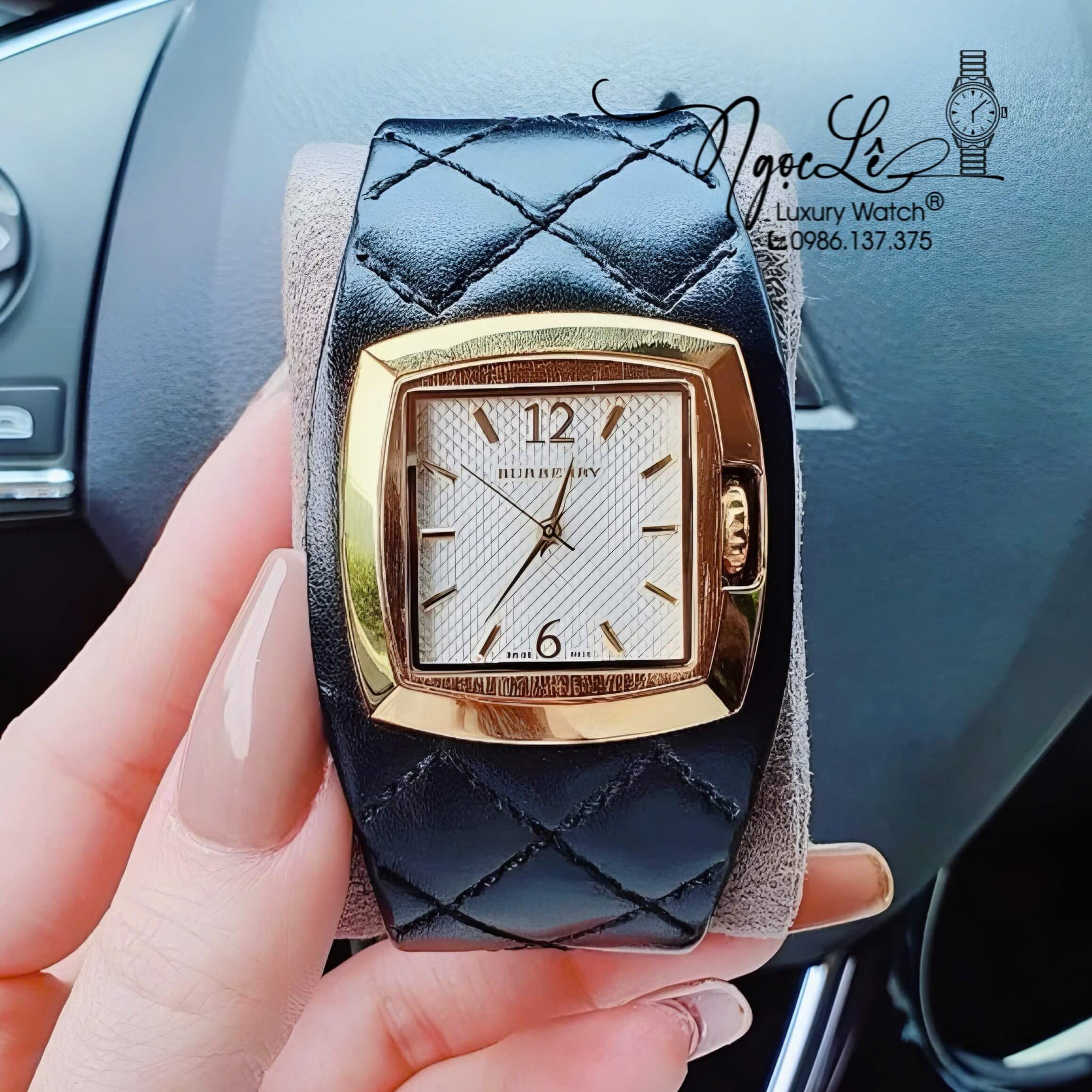 Đồng Hồ Nữ Burberry Dây Da Đen Trần Trám Mặt Vuông Trắng Size 36x36mm