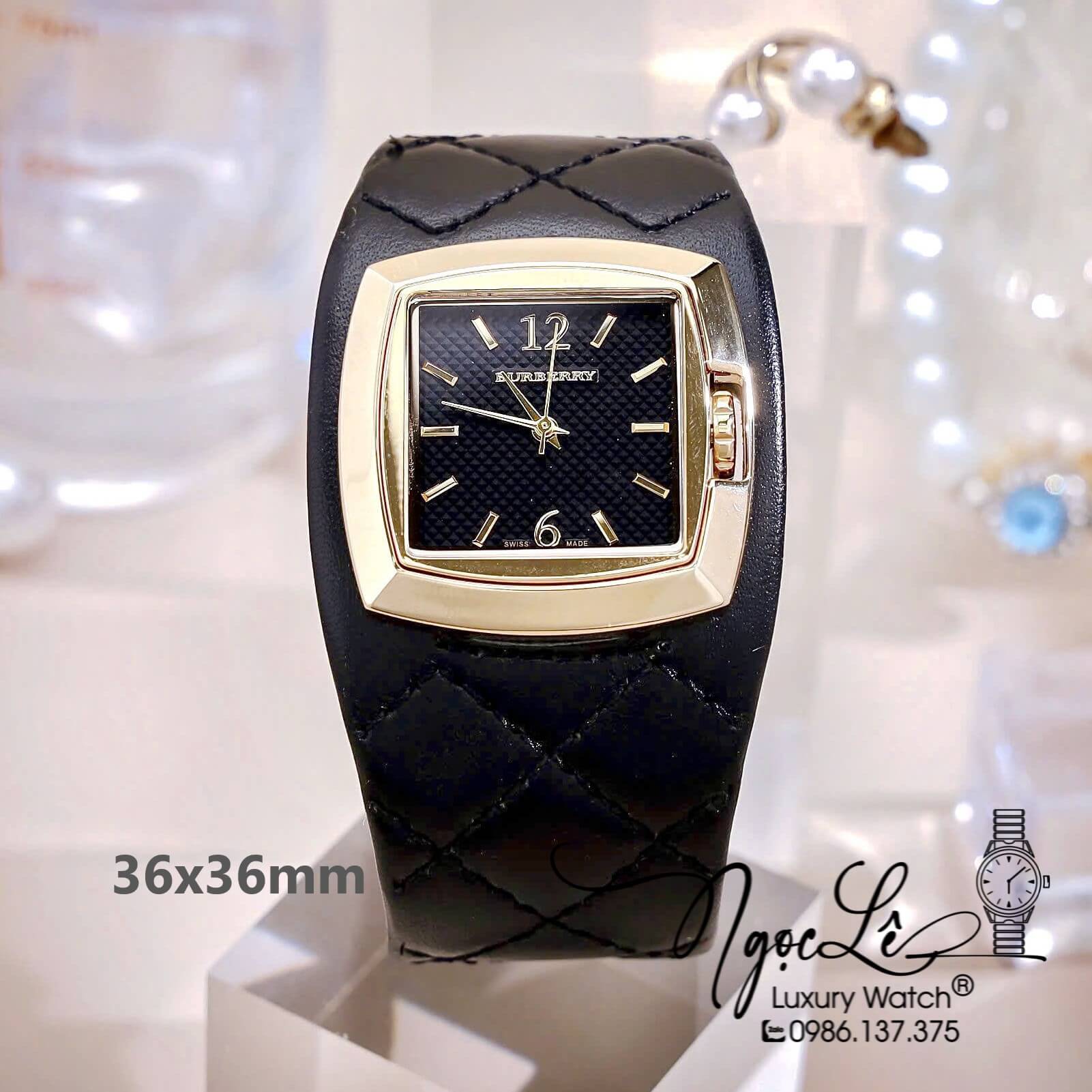 Đồng Hồ Nữ Burberry Dây Da Đen Trần Trám Mặt Vuông Size 36x36mm