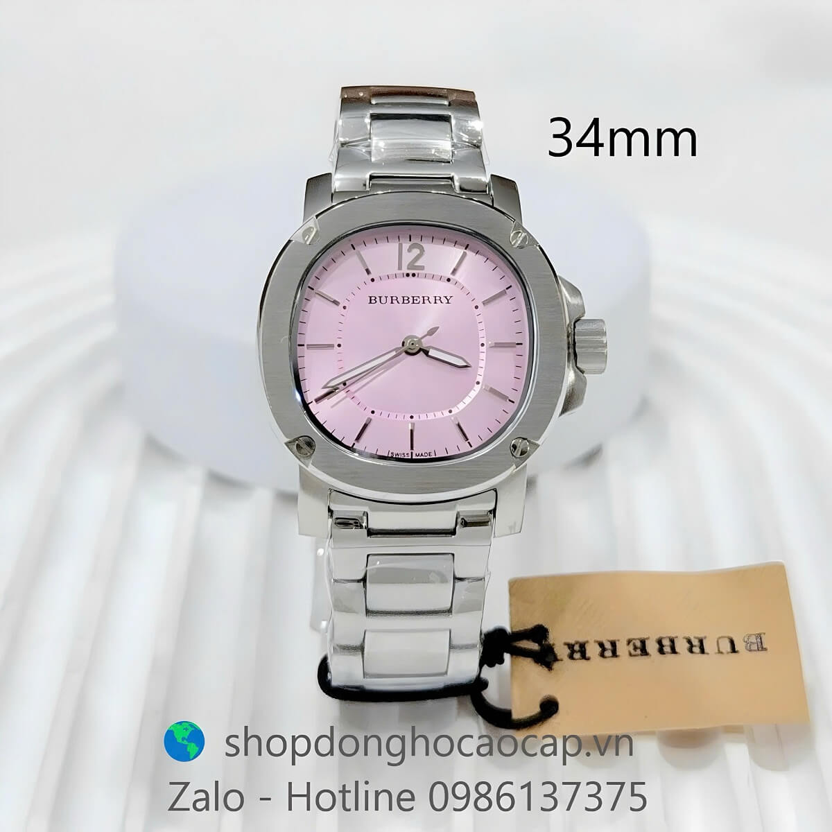 Đồng Hồ Nữ Burberry BBY1704 Mặt Hồng Máy Pin Thụy Dây Kim Loại Inox Size 34mm