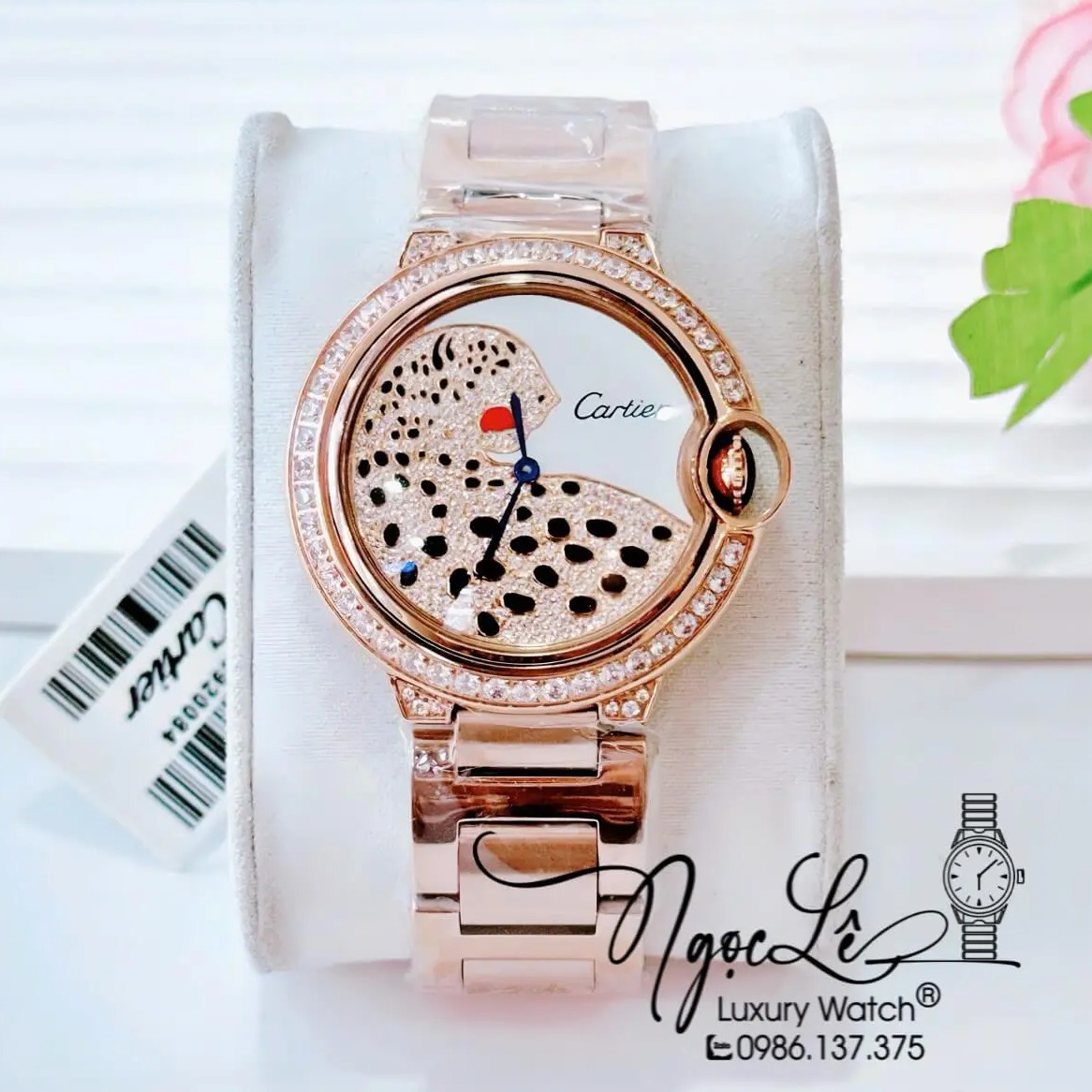 Đồng Hồ Nữ Cartier Ballon Bleu Dây Kim Loại Vàng Hồng Mặt Báo Đính Đá Size 36mm