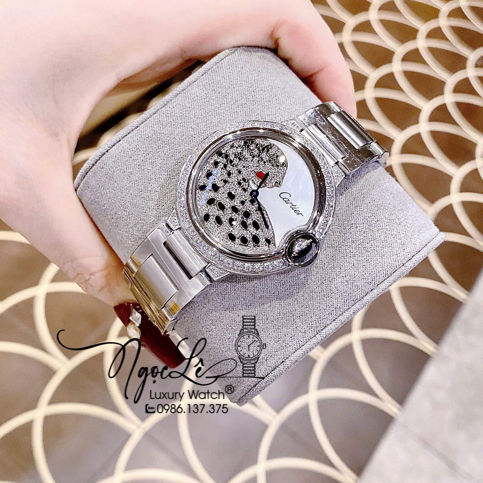 Đồng Hồ Nữ Cartier Ballon Bleu Dây Kim Loại Màu Bạc Mặt Báo Đính Đá Size 36mm