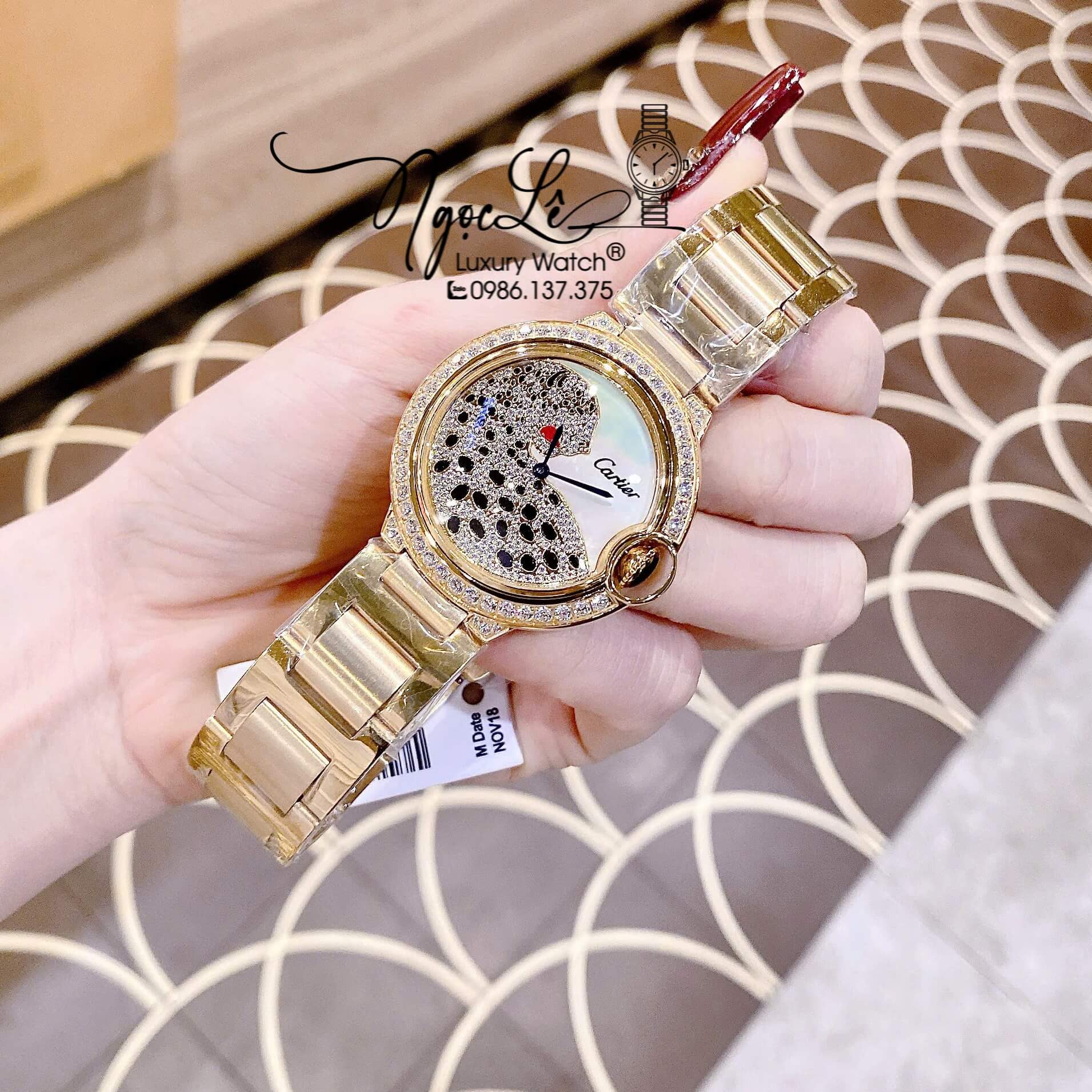 Đồng Hồ Nữ Cartier Ballon Bleu Dây Kim Loại Vàng Mặt Báo Đính Đá Size 36mm
