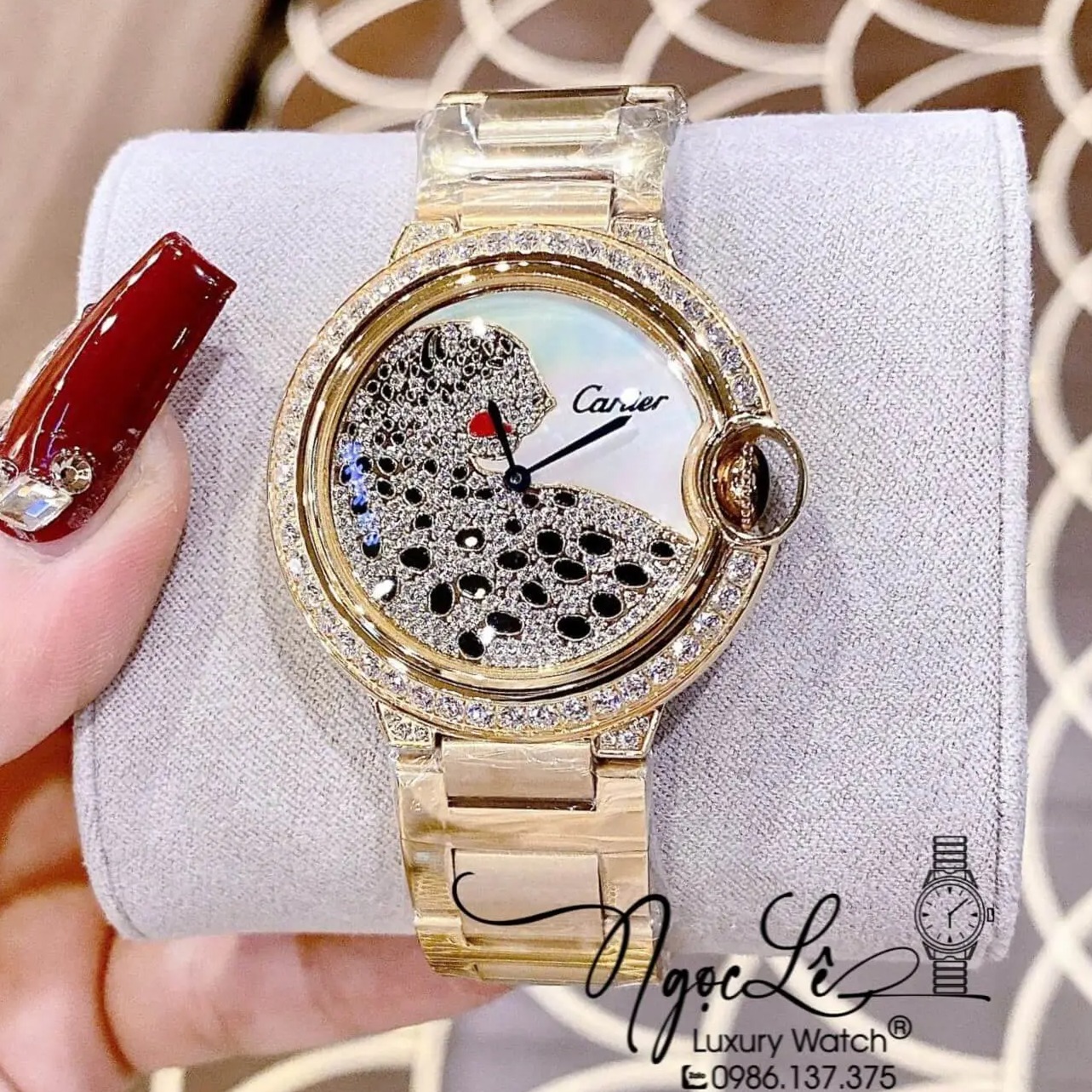 Đồng Hồ Nữ Cartier Ballon Bleu Dây Kim Loại Vàng Mặt Báo Đính Đá Size 36mm