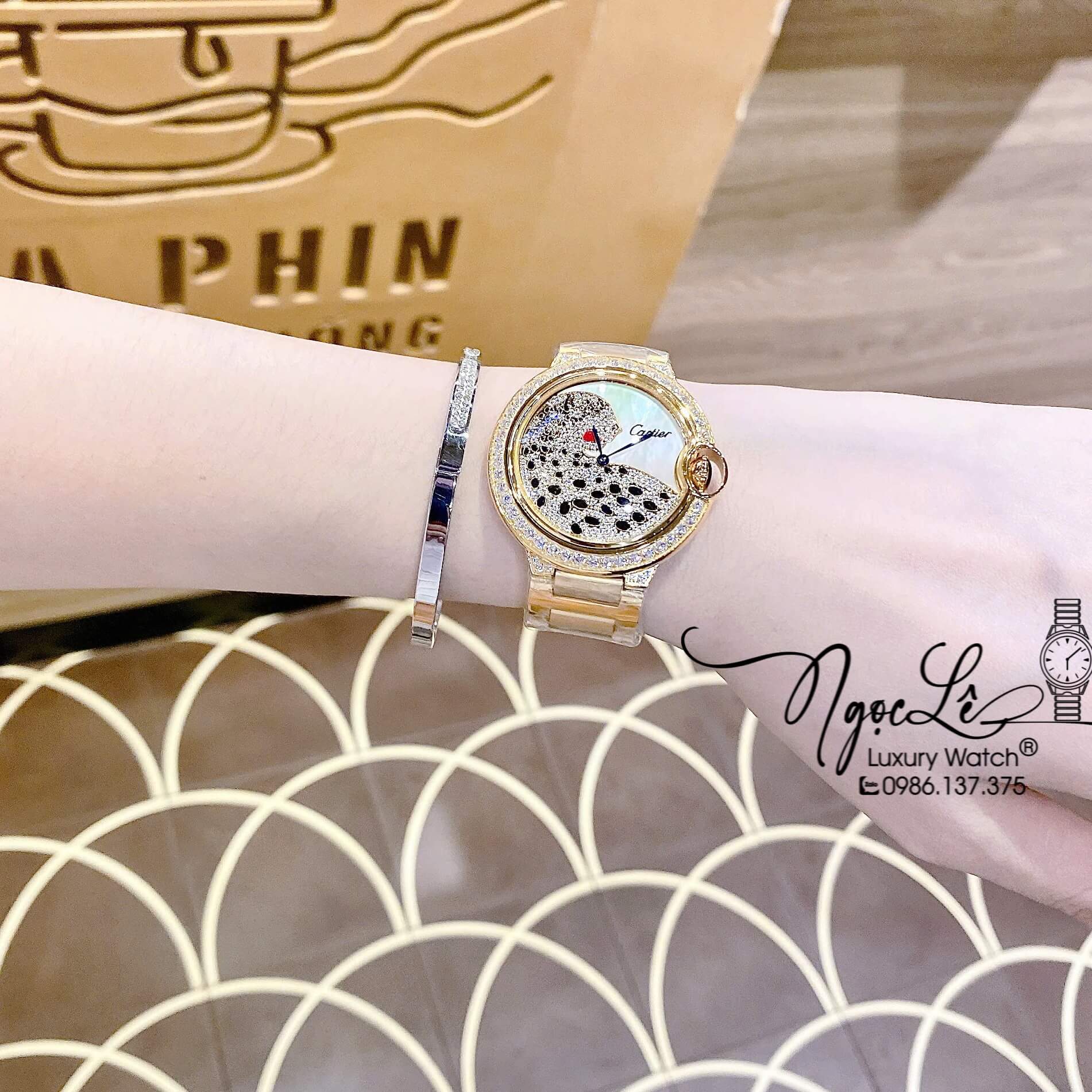 Đồng Hồ Nữ Cartier Ballon Bleu Dây Kim Loại Vàng Mặt Báo Đính Đá Size 36mm