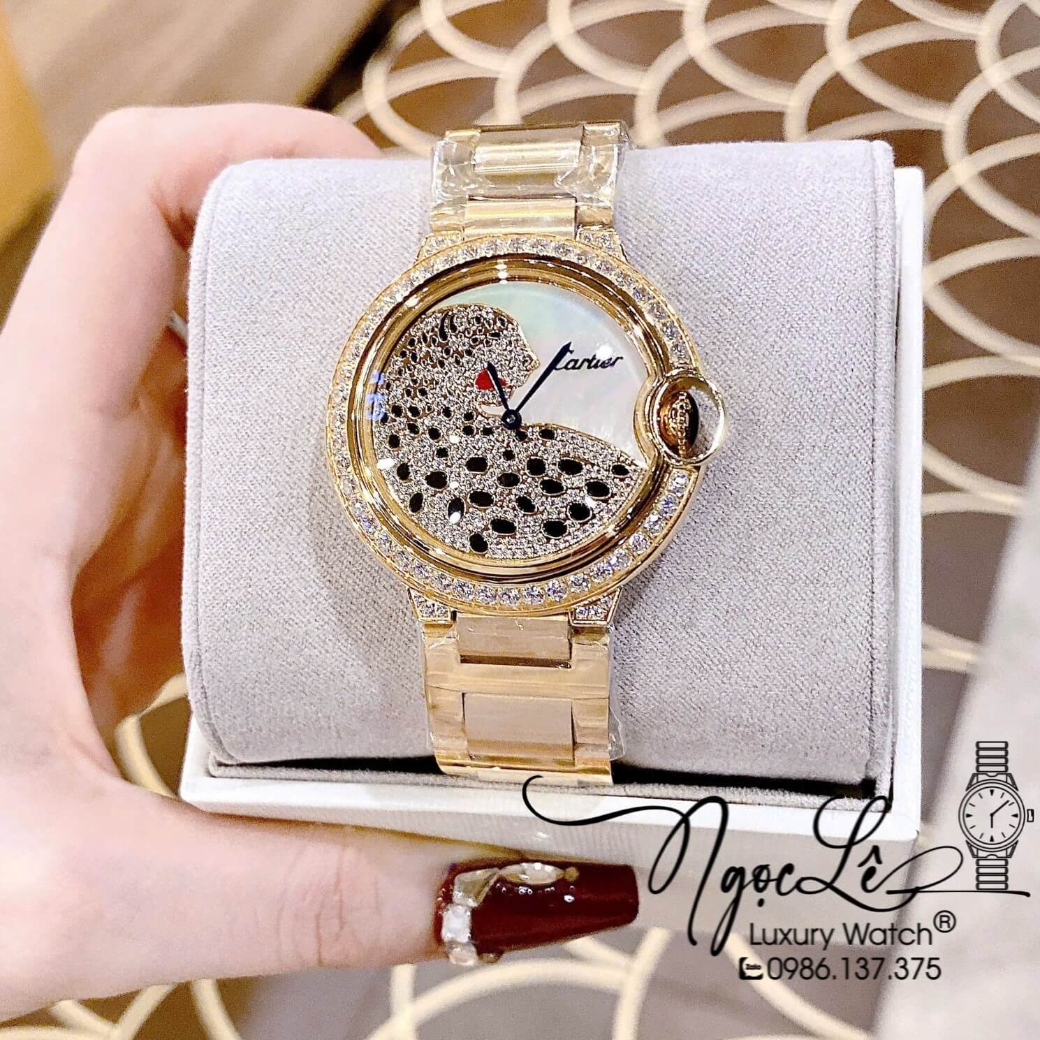 Đồng Hồ Nữ Cartier Ballon Bleu Dây Kim Loại Vàng Mặt Báo Đính Đá Size 36mm