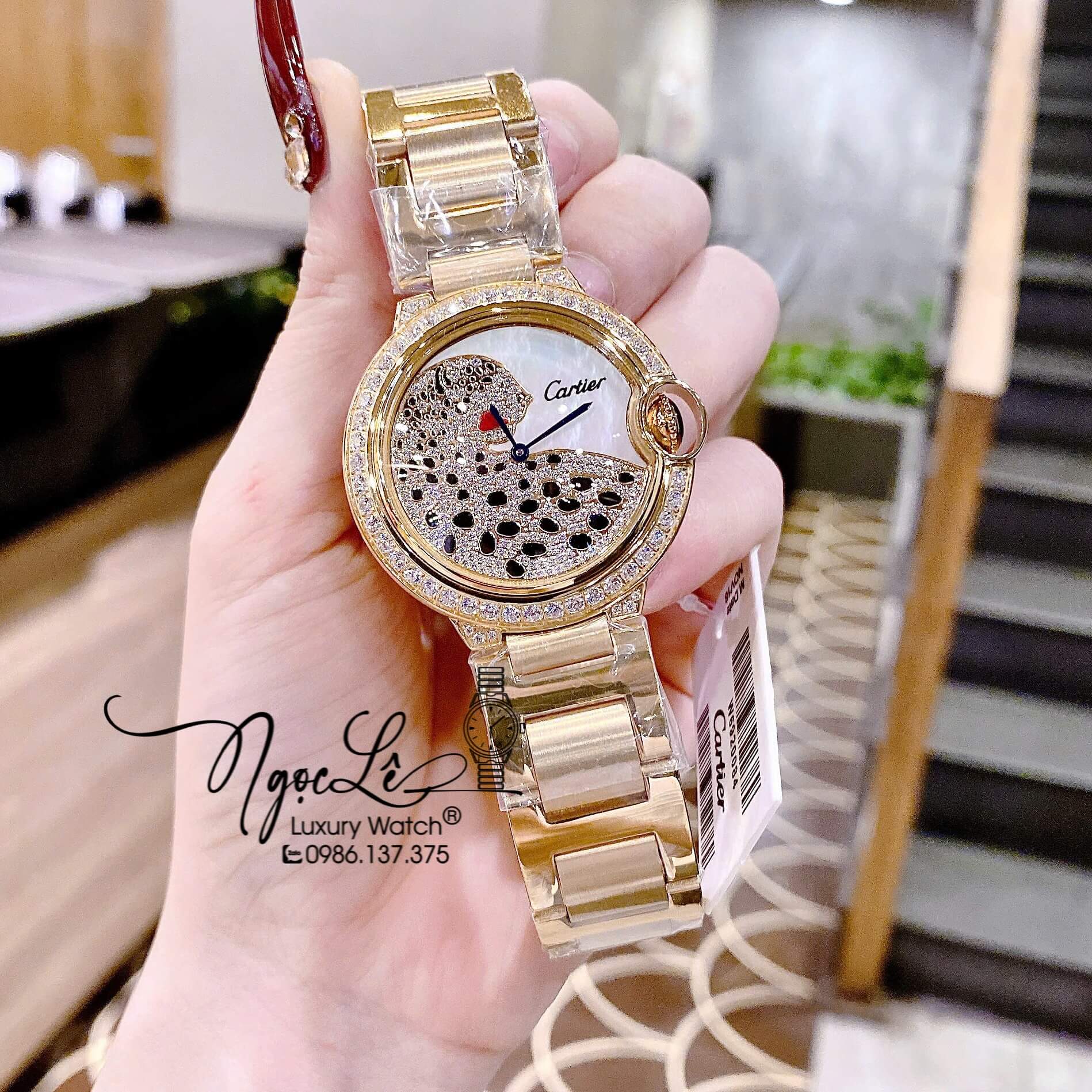 Đồng Hồ Nữ Cartier Ballon Bleu Dây Kim Loại Vàng Mặt Báo Đính Đá Size 36mm