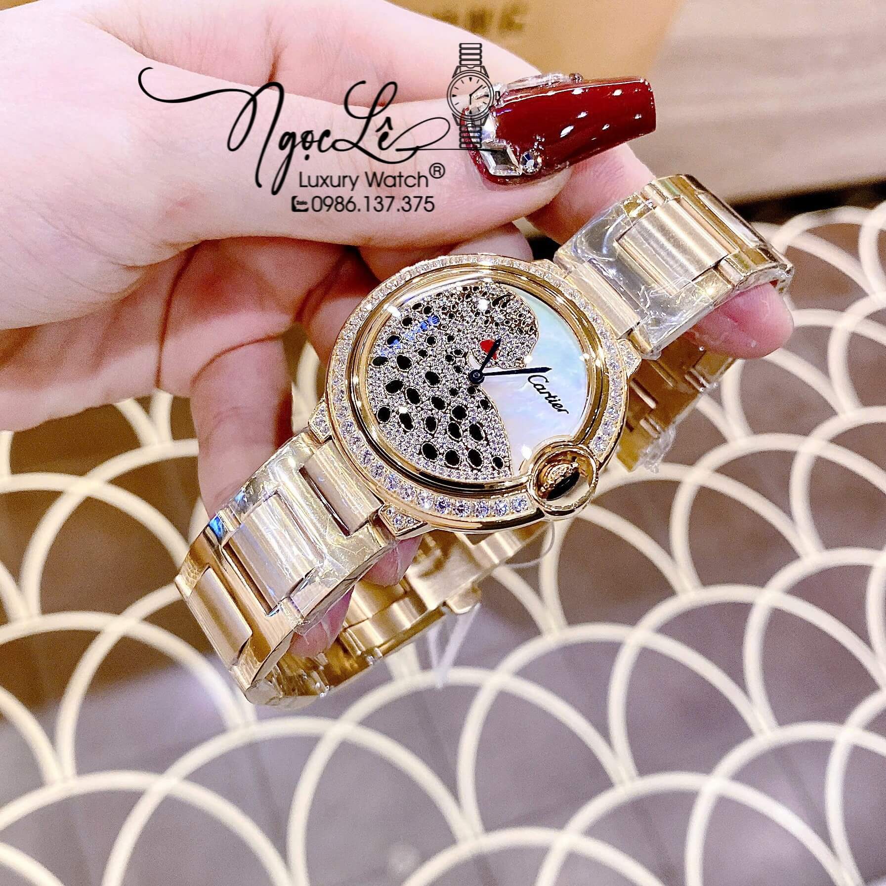 Đồng Hồ Nữ Cartier Ballon Bleu Dây Kim Loại Vàng Mặt Báo Đính Đá Size 36mm