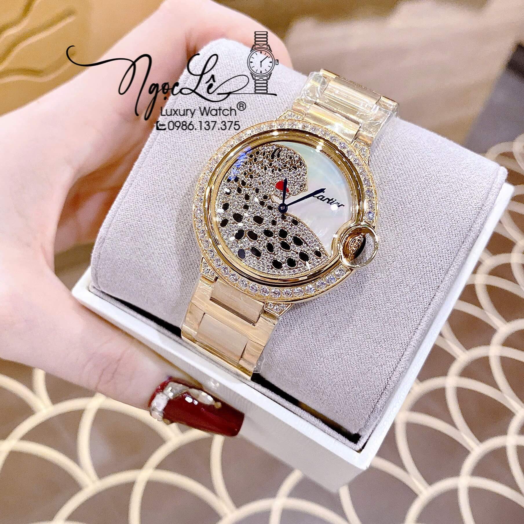 Đồng Hồ Nữ Cartier Ballon Bleu Dây Kim Loại Vàng Mặt Báo Đính Đá Size 36mm