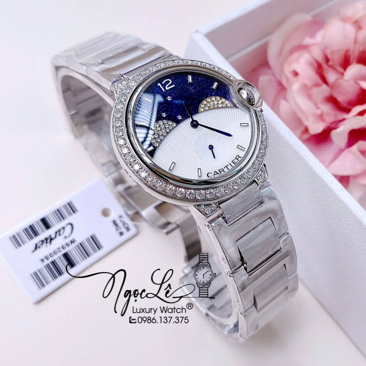 Đồng Hồ Nữ Cartier Dây Kim Loại Silver Họa Tiết Bầu Trời Sao Đính Đá Size 36mm