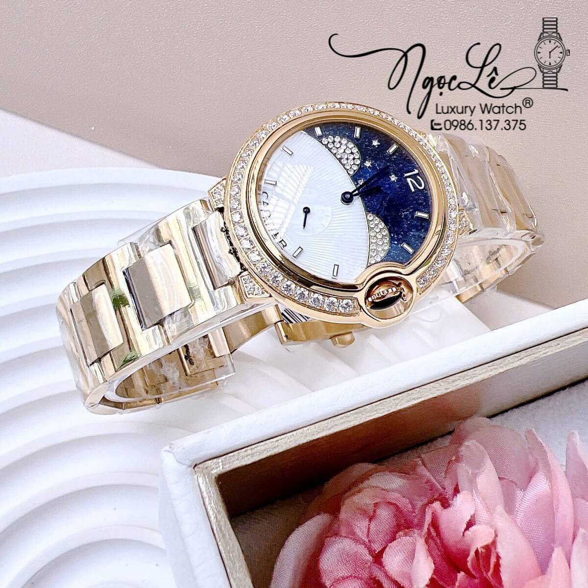 Đồng Hồ Nữ Cartier Dây Kim Loại Vàng Gold Họa Tiết Bầu Trời Sao Đính Đá Size 36mm