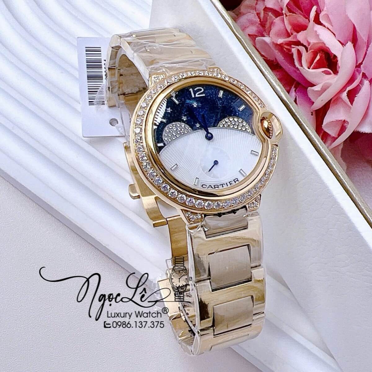 Đồng Hồ Nữ Cartier Dây Kim Loại Vàng Gold Họa Tiết Bầu Trời Sao Đính Đá Size 36mm