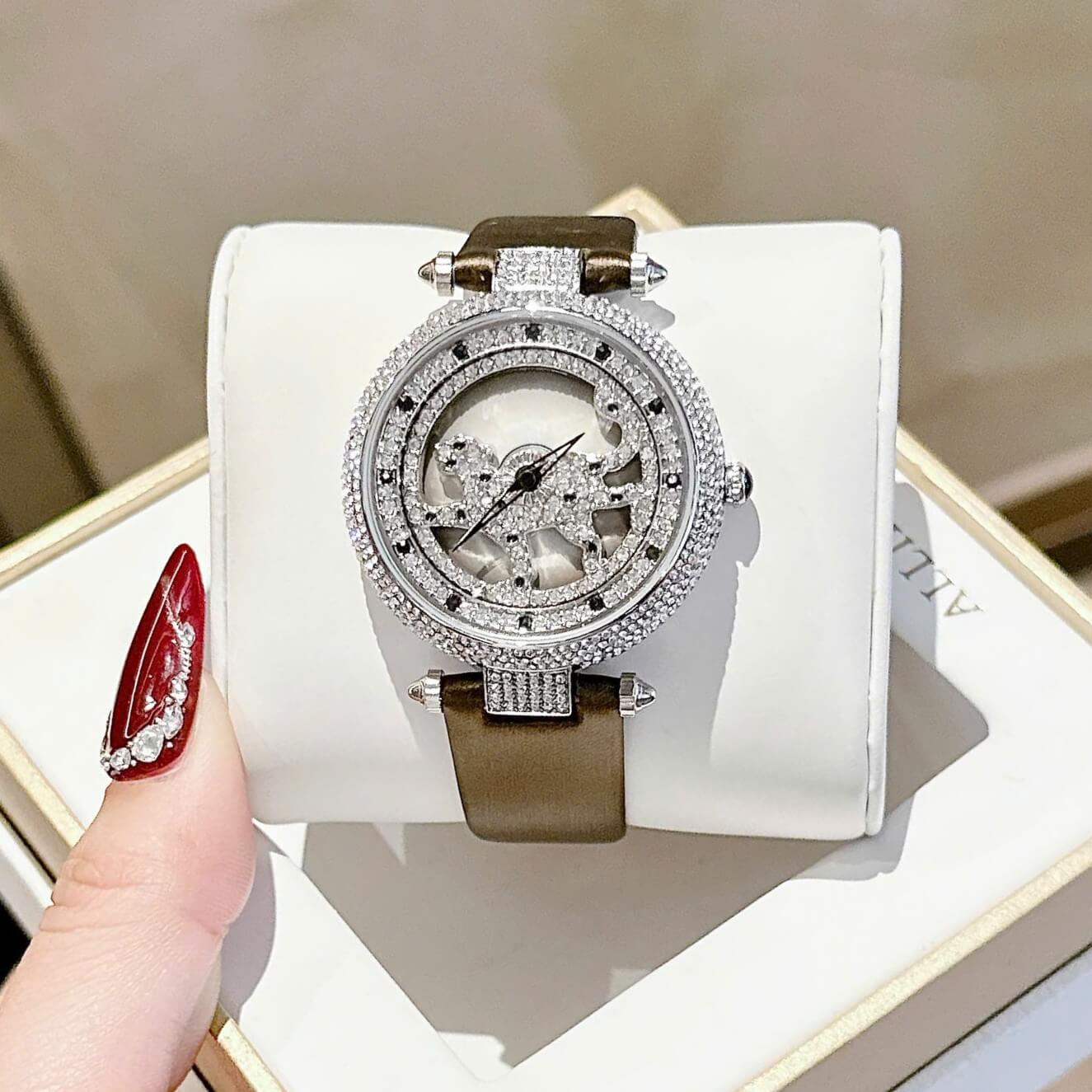 Đồng Hồ Nữ Cartier Mặt Báo Xoay Dây Da Nâu Cao Cấp Size 38mm Quartz
