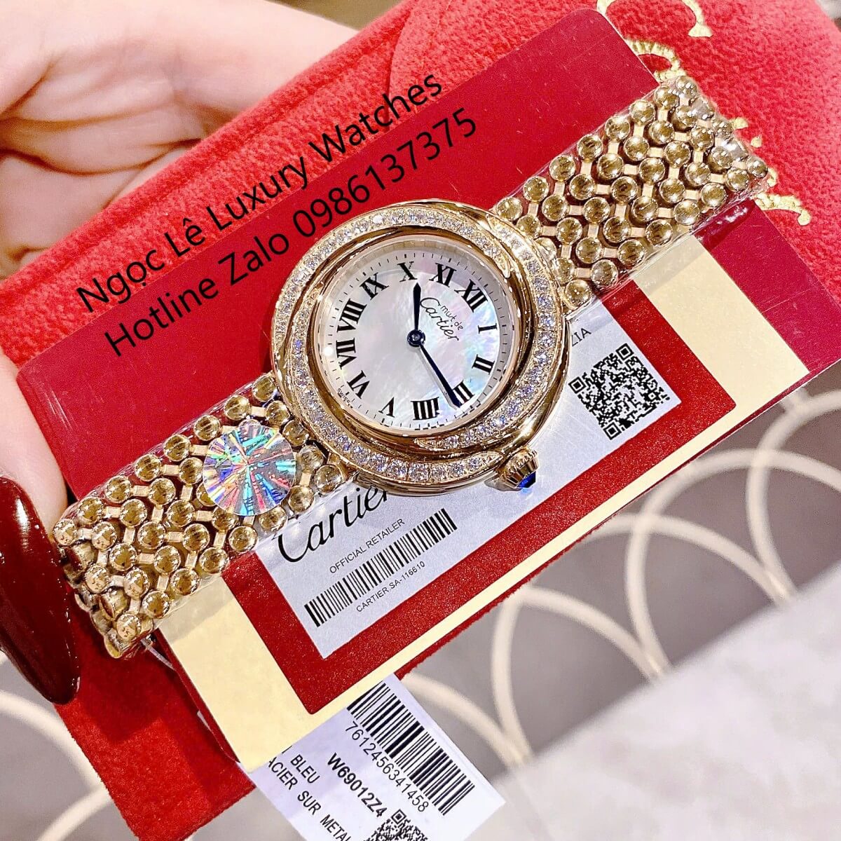 Đồng Hồ Nữ Cartier Trinity Vintage Dây Kim Loại Màu Vàng Gold Kim Xanh Đính Đá Siêu Cấp Size 35mm