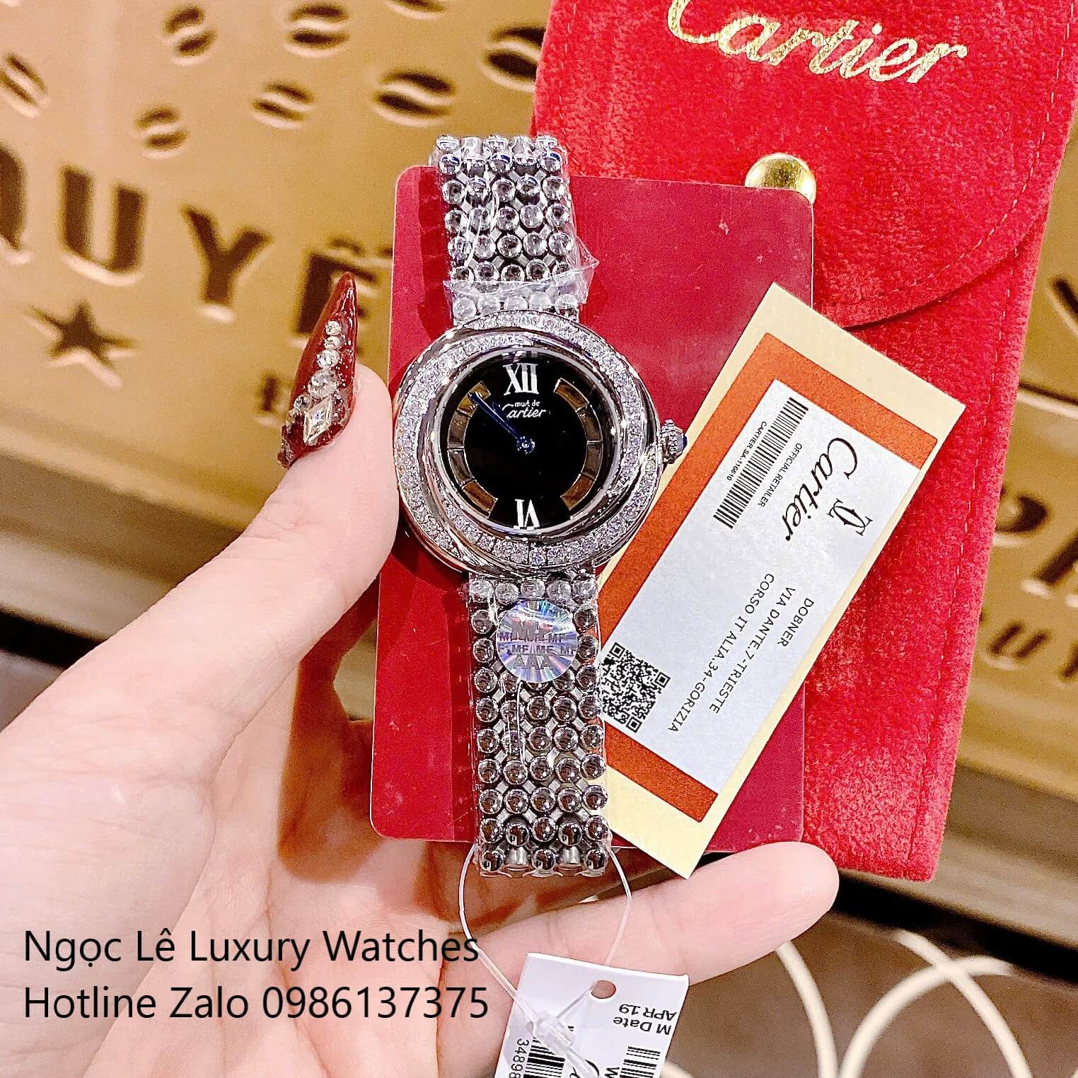 Đồng Hồ Nữ Cartier Trinity Vintage Dây Kim Loại Silver Mặt Đen Kim Xanh Đính Đá Siêu Cấp Size 35mm