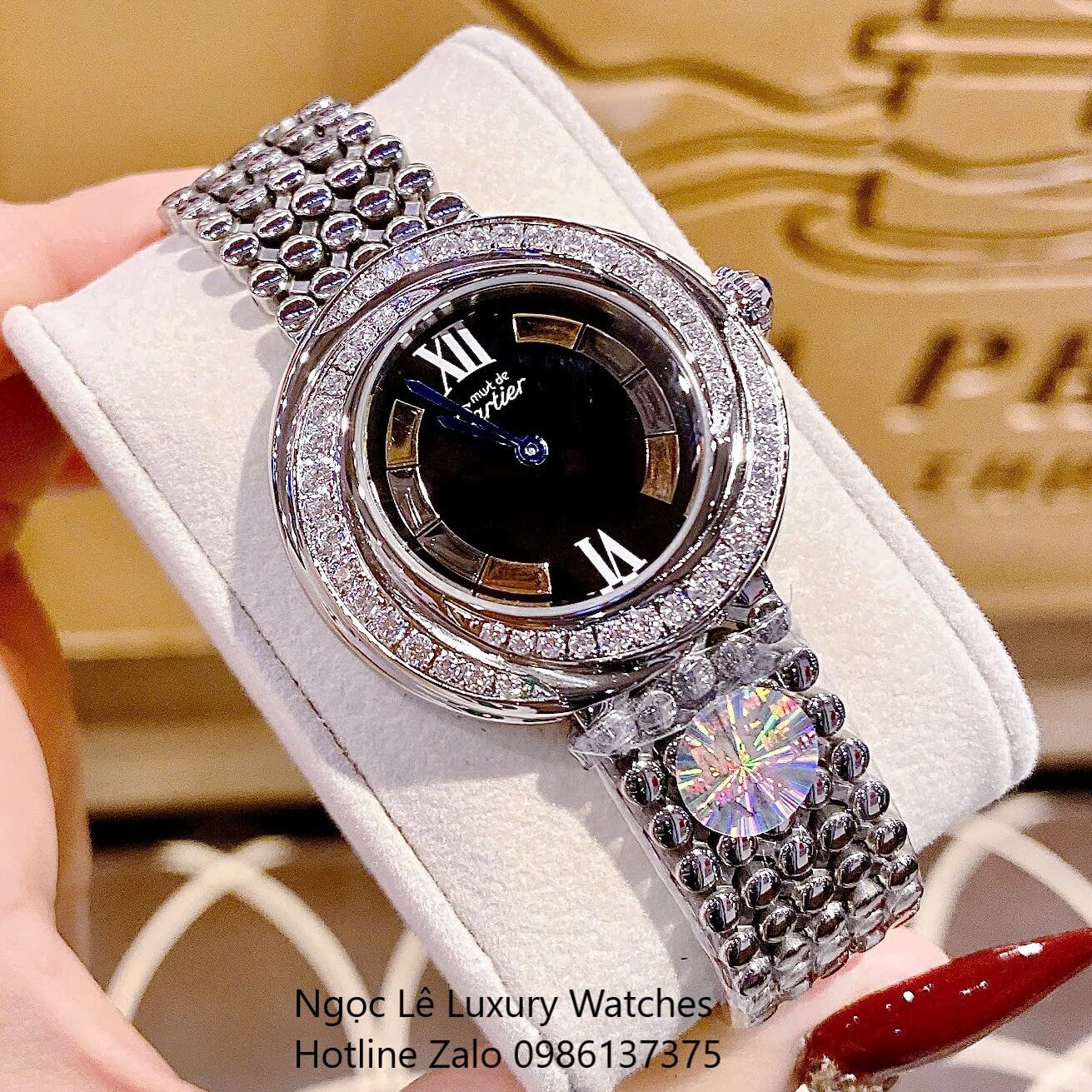 Đồng Hồ Nữ Cartier Trinity Vintage Dây Kim Loại Silver Mặt Đen Kim Xanh Đính Đá Siêu Cấp Size 35mm