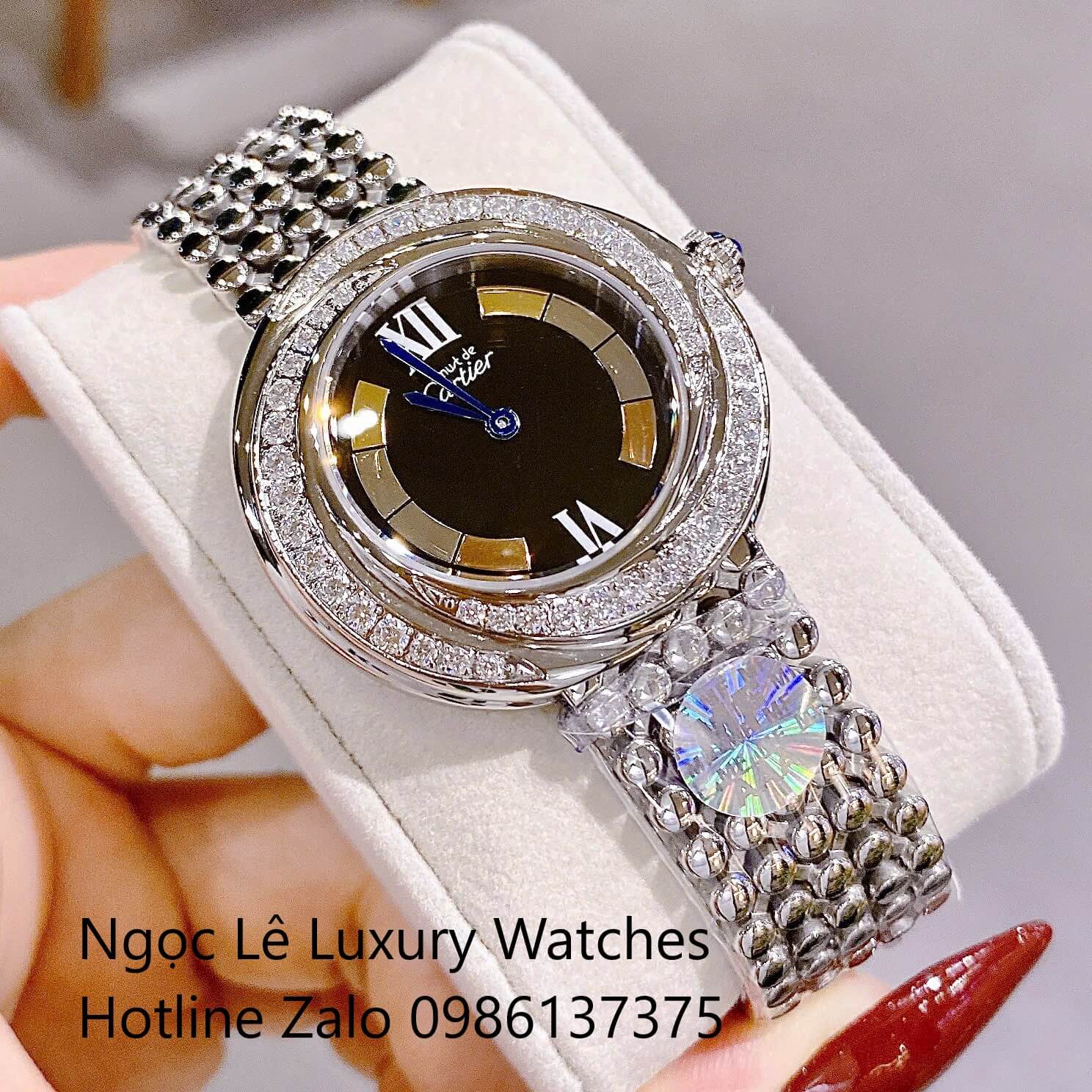 Đồng Hồ Nữ Cartier Trinity Vintage Dây Kim Loại Silver Mặt Đen Kim Xanh Đính Đá Siêu Cấp Size 35mm