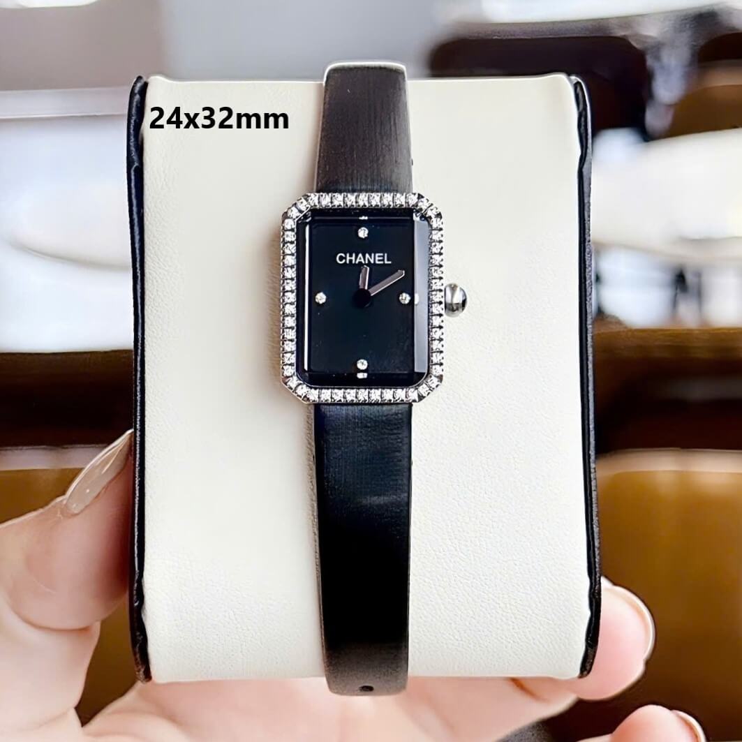 Đồng Hồ Nữ Chanel Dây Da Lụa Đen Mặt Vuông Màu Đen Size 24x32mm Viền Đá
