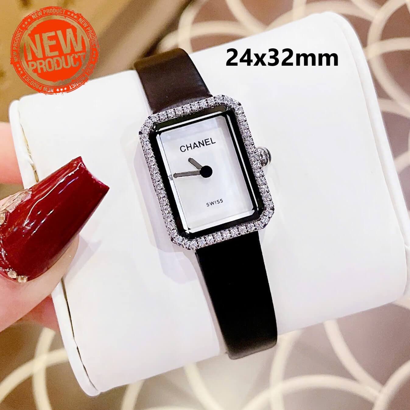 Đồng Hồ Nữ Chanel Dây Da Lụa Đen Mặt Vuông Màu Trắng Xà Cừ Viền Đá Size 24x32mm Vỏ Silver