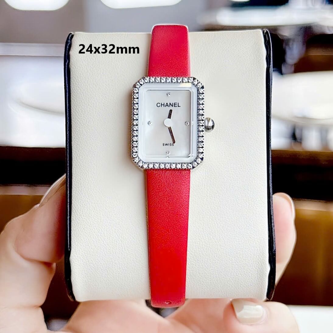 Đồng Hồ Nữ Chanel Dây Da Lụa Đỏ Mặt Vuông Màu Trắng Xà Cừ Size 24x32mm Viền Đá