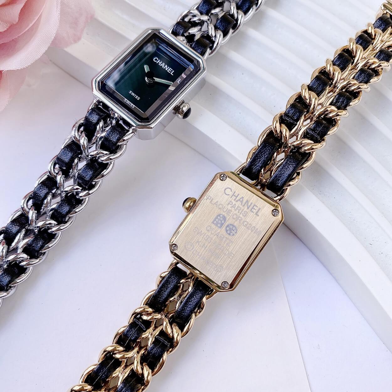 Đồng Hồ Nữ Chanel Première Dây Xích Kim Loại Silver Mix Da Đen Size 20x28mm