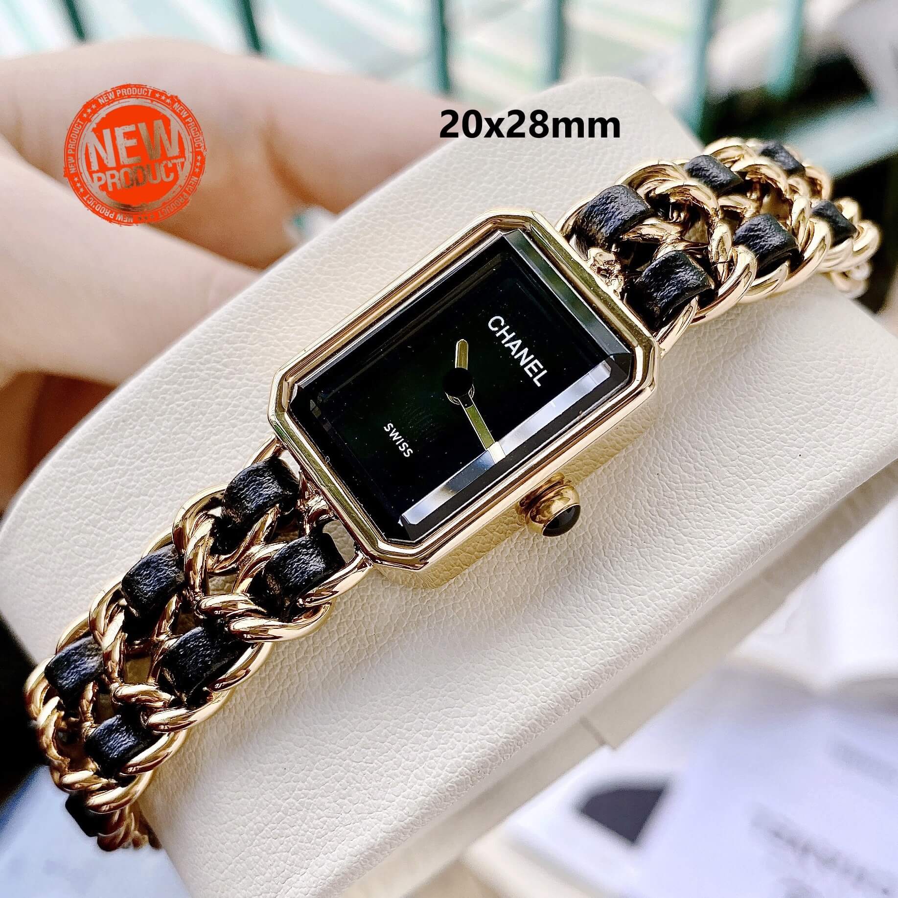 Đồng Hồ Nữ Chanel Première Dây Xích Kim Loại Vàng Gold Mix Da Đen Size 20x28mm
