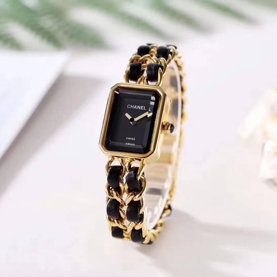 Đồng Hồ Nữ Chanel Première Dây Xích Kim Loại Vàng Gold Mix Da Đen Size 20x28mm