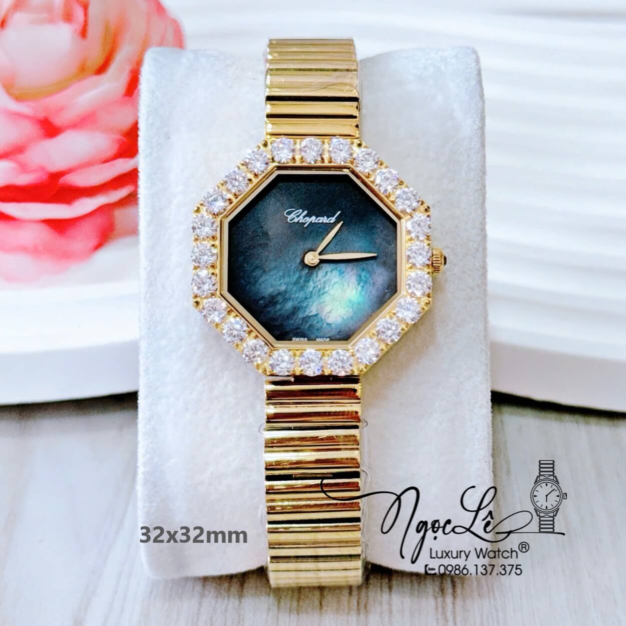 Đồng Hồ Nữ Chopard L'Heure Du Diamant Octoagonal Dây Kim Loại Màu Vàng Gold Mặt Xà Cừ Đen Xám 32x32mm