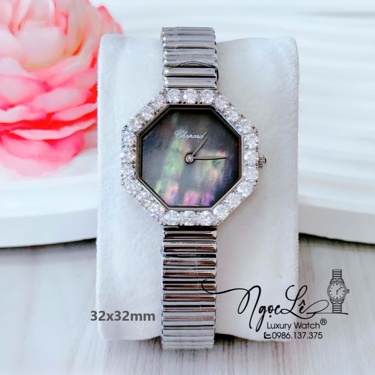 Đồng Hồ Nữ Chopard L'Heure Du Diamant Octoagonal Dây Kim Loại Silver Mặt Xà Cừ Đen Xám 32x32mm
