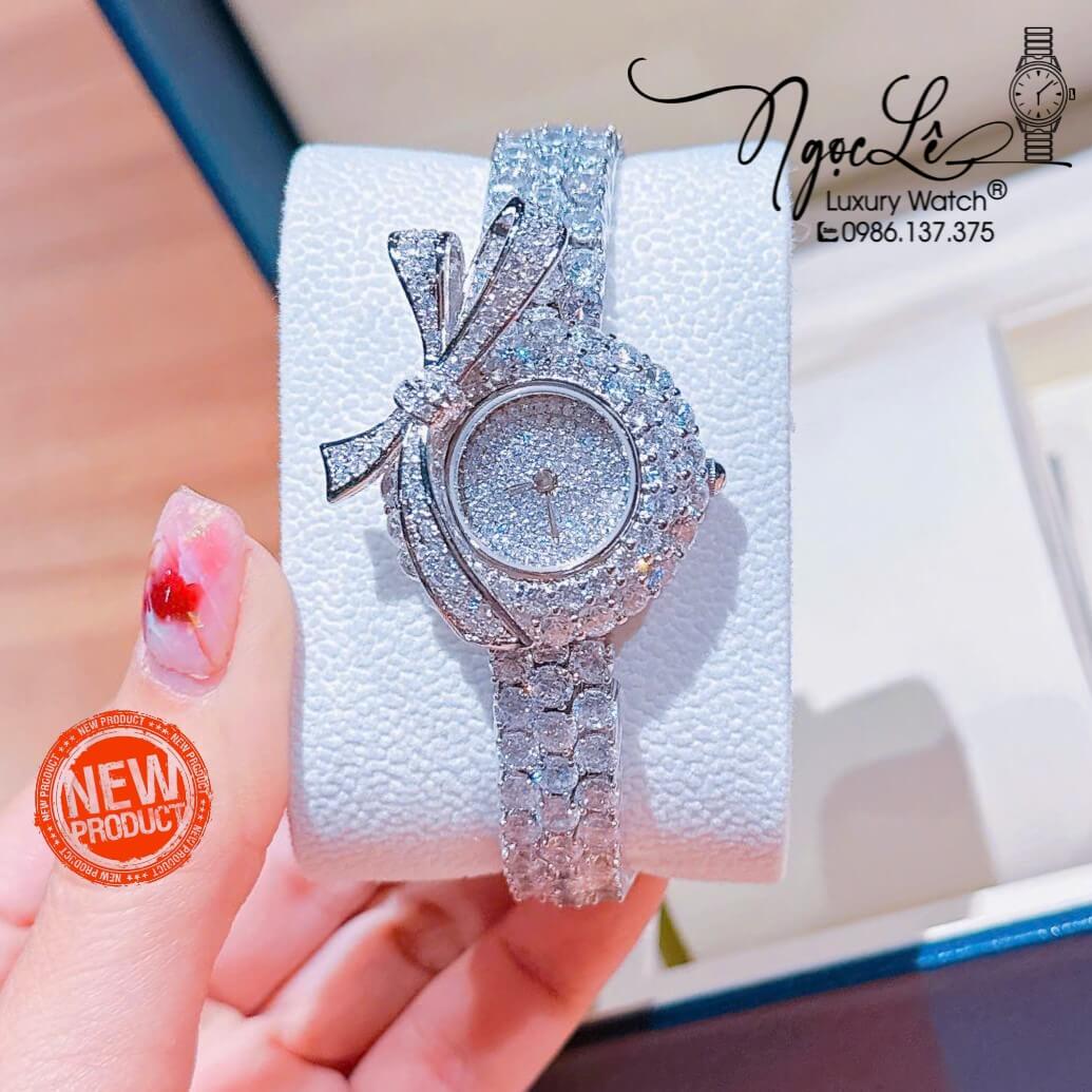 Đồng Hồ Nữ Chopard Mặt Nơ Dây Kim Loại Silver Đính Full Đá Dây Và Mặt Size 30mm