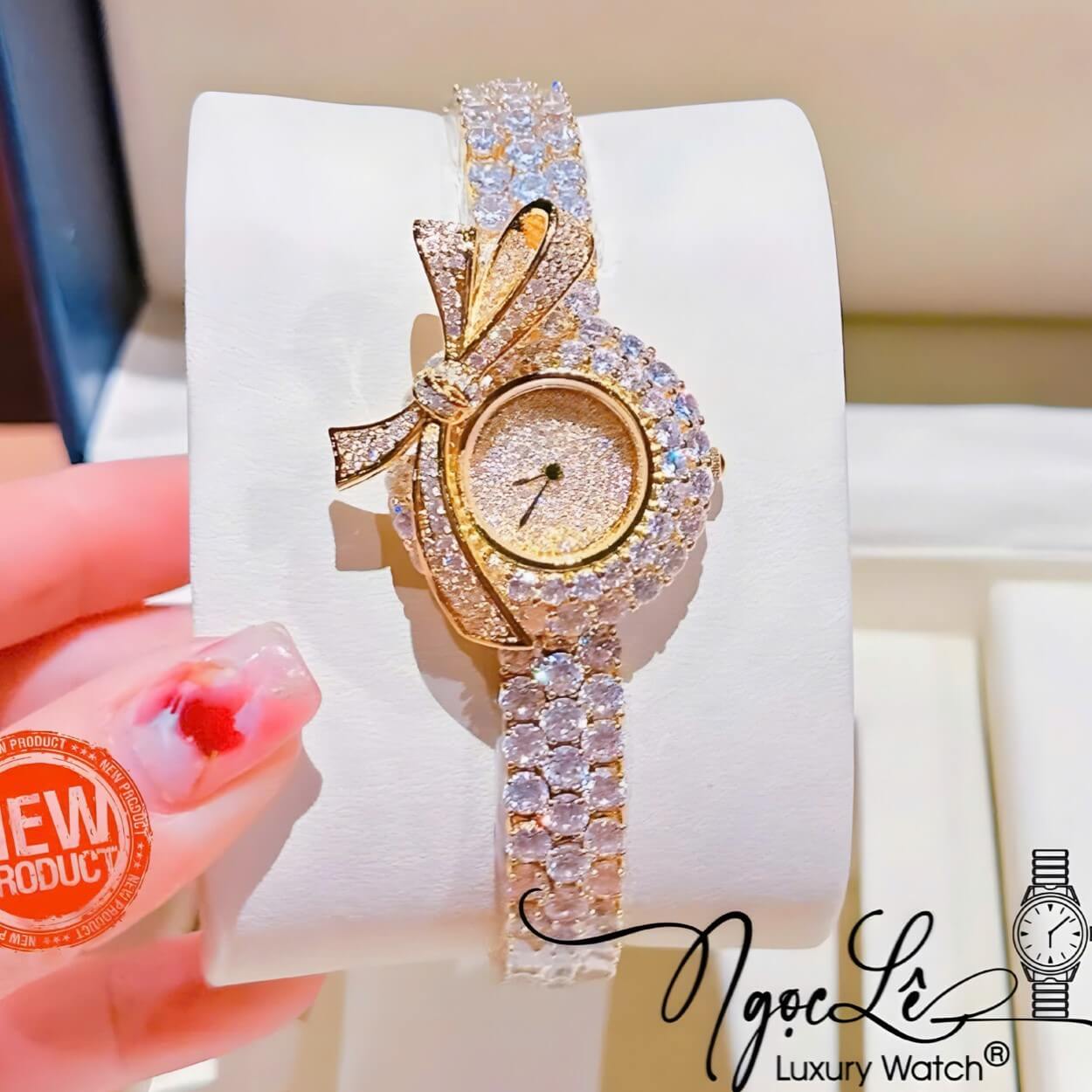 Đồng Hồ Nữ Chopard Mặt Nơ Dây Kim Loại Vàng Gold Đính Full Đá Dây Và Mặt Size 30mm