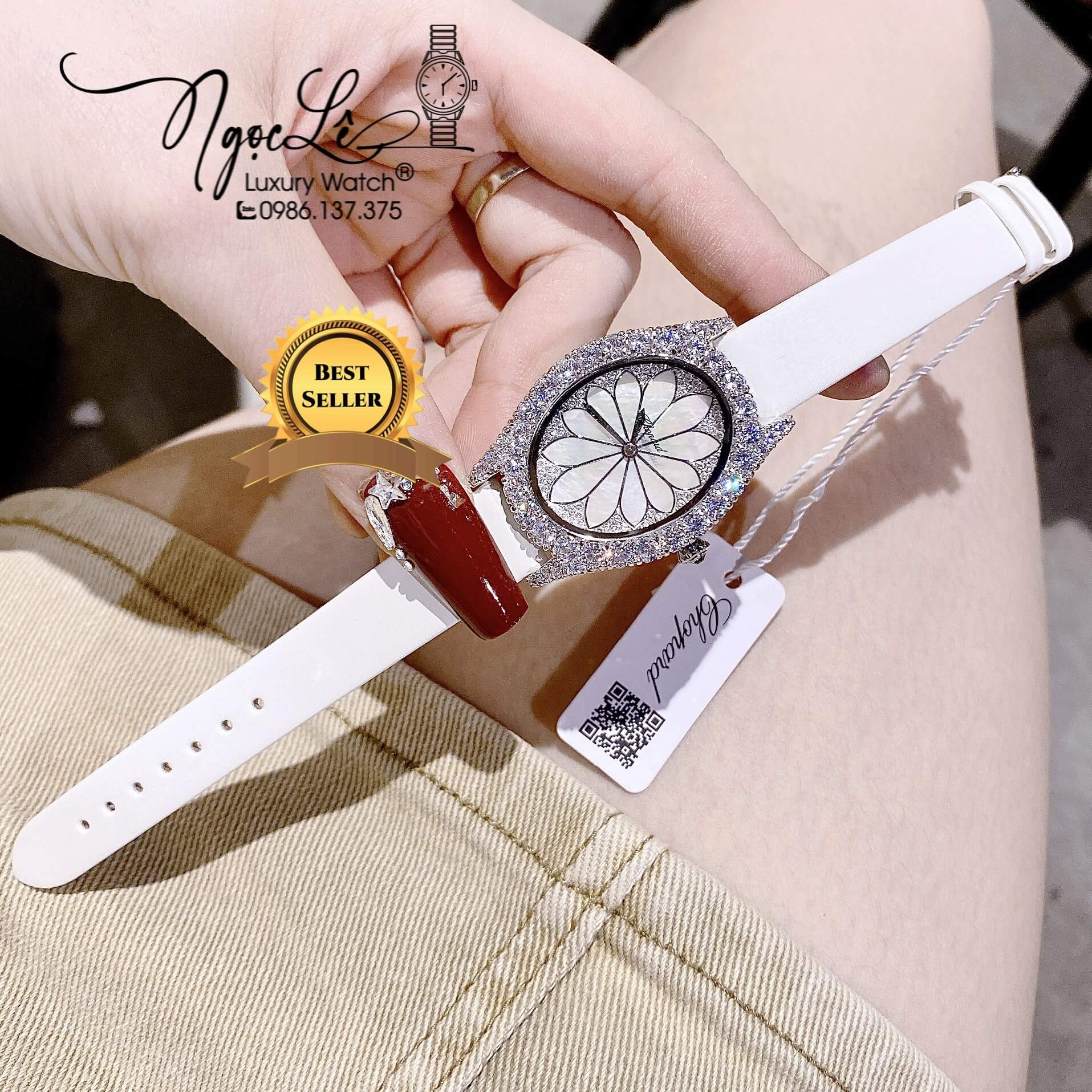 Đồng Hồ Nữ Chopard Mặt Oval Họa Tiết Hoa Xà Cừ Trắng Dây Da Lụa Màu Trắng Vỏ Silver Đính Đá Size 34mm