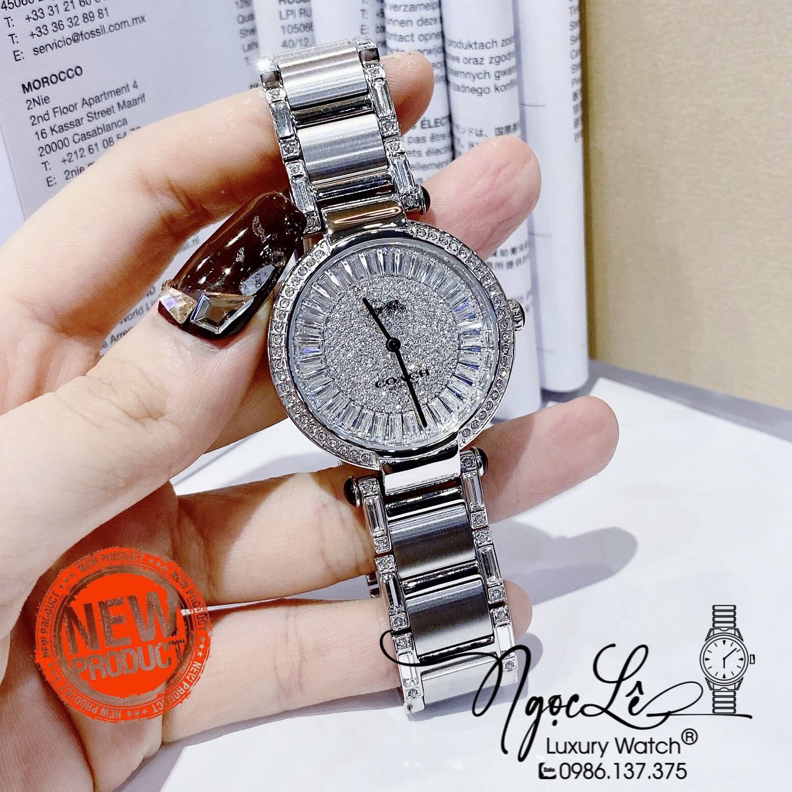 Đồng Hồ Nữ Hiệu Coach Dây Kim Loại Màu Silver Đính Đá Size 36mm