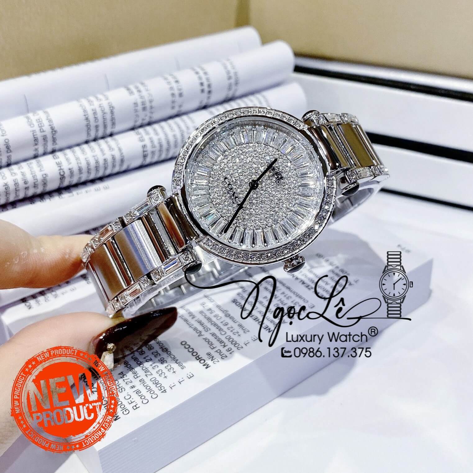 Đồng Hồ Nữ Hiệu Coach Dây Kim Loại Màu Silver Đính Đá Size 36mm