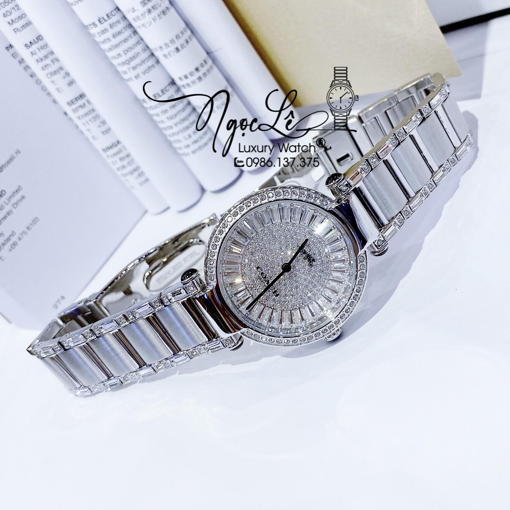 Đồng Hồ Nữ Hiệu Coach Dây Kim Loại Màu Silver Đính Đá Size 36mm