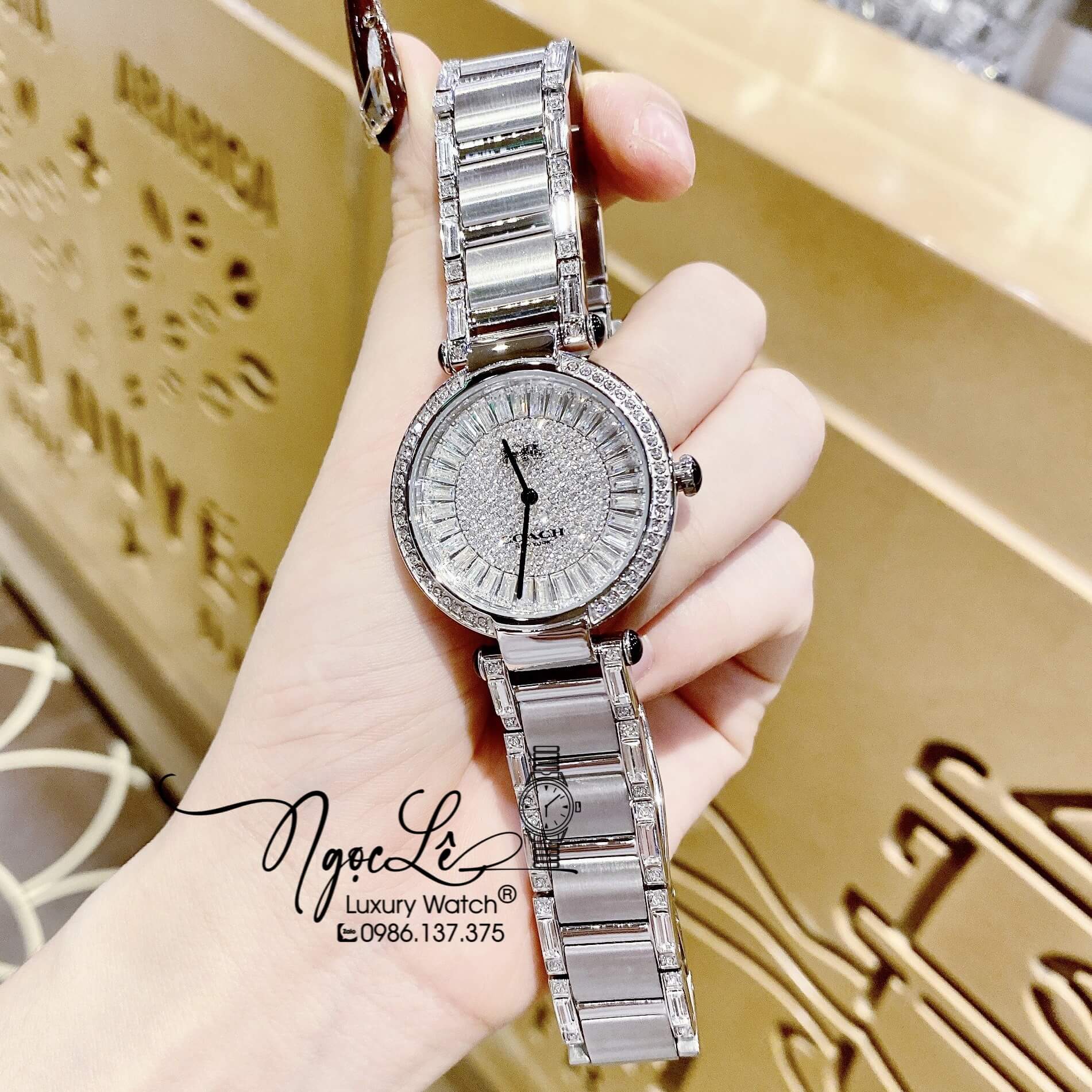 Đồng Hồ Nữ Hiệu Coach Dây Kim Loại Màu Silver Đính Đá Size 36mm