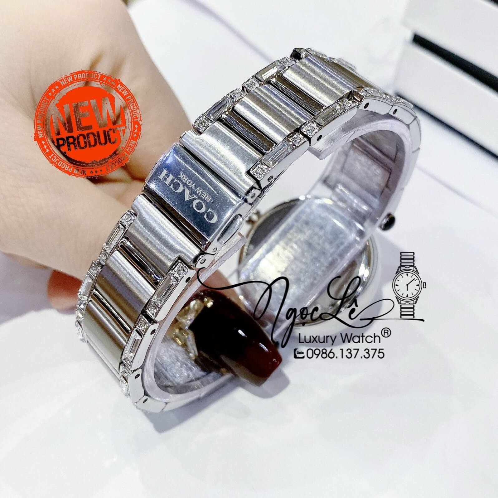 Đồng Hồ Nữ Hiệu Coach Dây Kim Loại Màu Silver Đính Đá Size 36mm