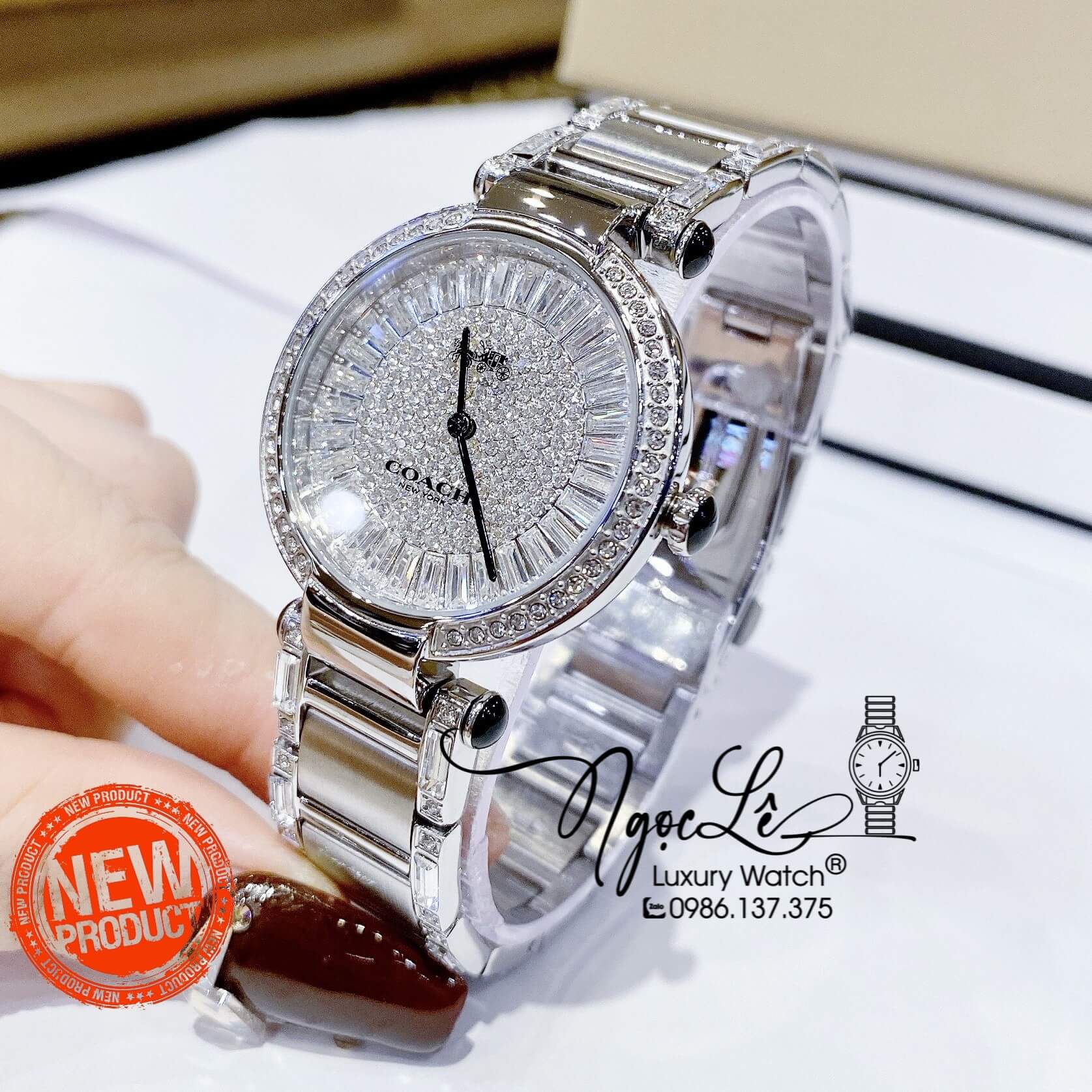 Đồng Hồ Nữ Hiệu Coach Dây Kim Loại Màu Silver Đính Đá Size 36mm