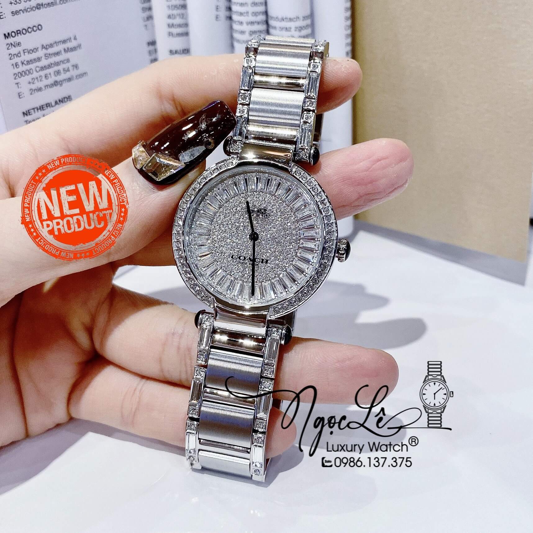 Đồng Hồ Nữ Hiệu Coach Dây Kim Loại Màu Silver Đính Đá Size 36mm