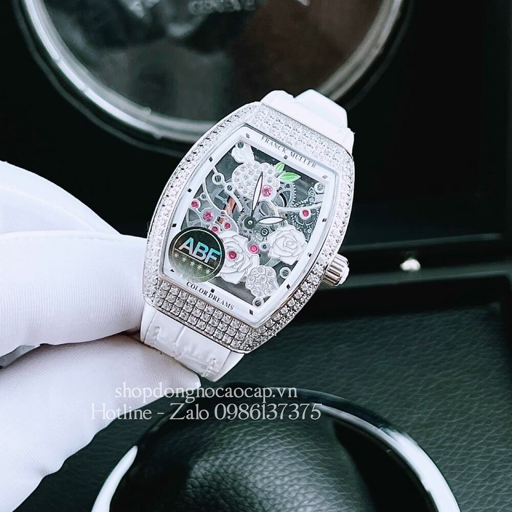 Đồng Hồ Nữ Franck Muller Bản Siêu Cấp ABF Dây Da Bọc Cao Su Trắng 30x38mm