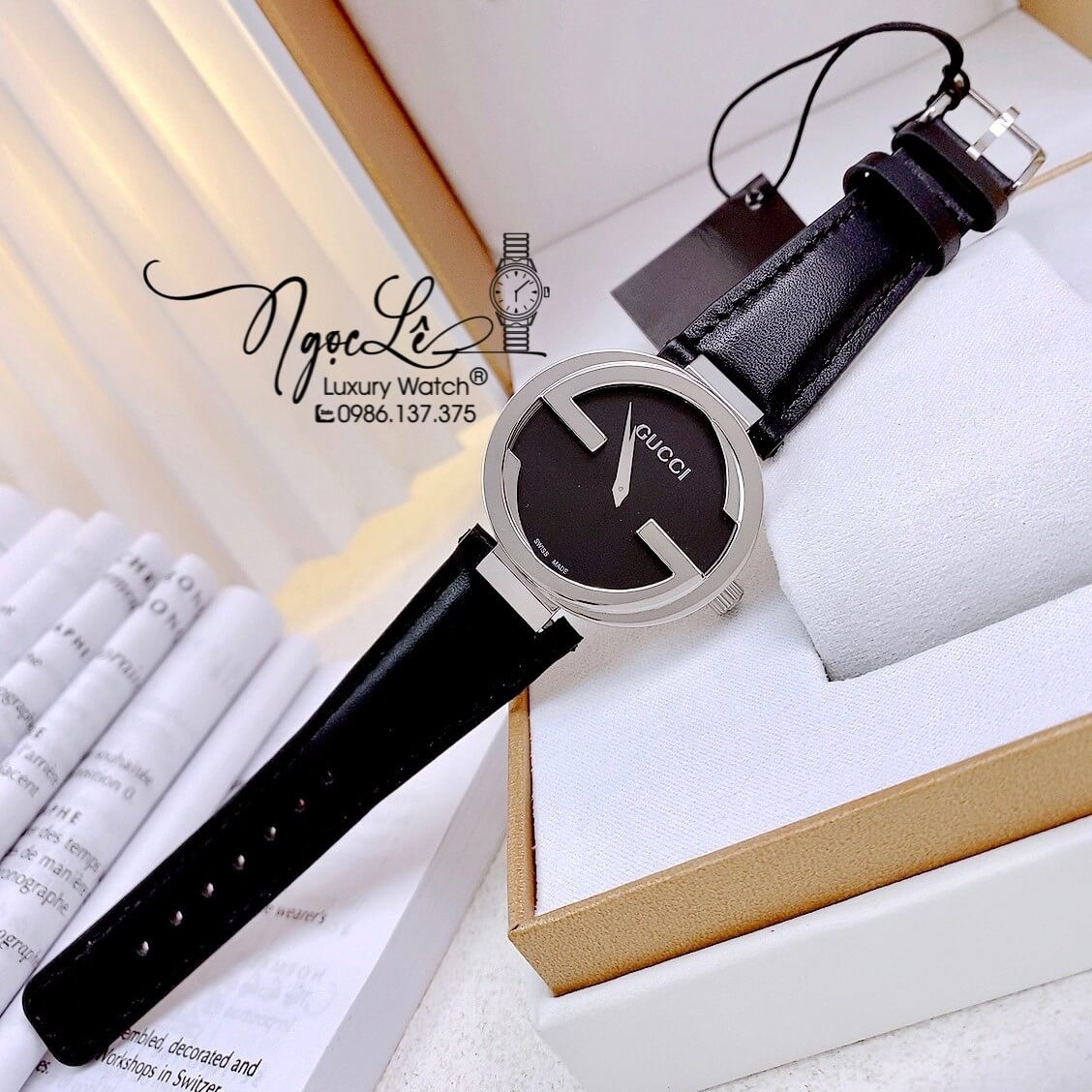 Đồng Hồ Nữ Gucci Dây Da Đen Mặt Đen Vỏ Bạc Cao Cấp Size 29mm Máy Quartz