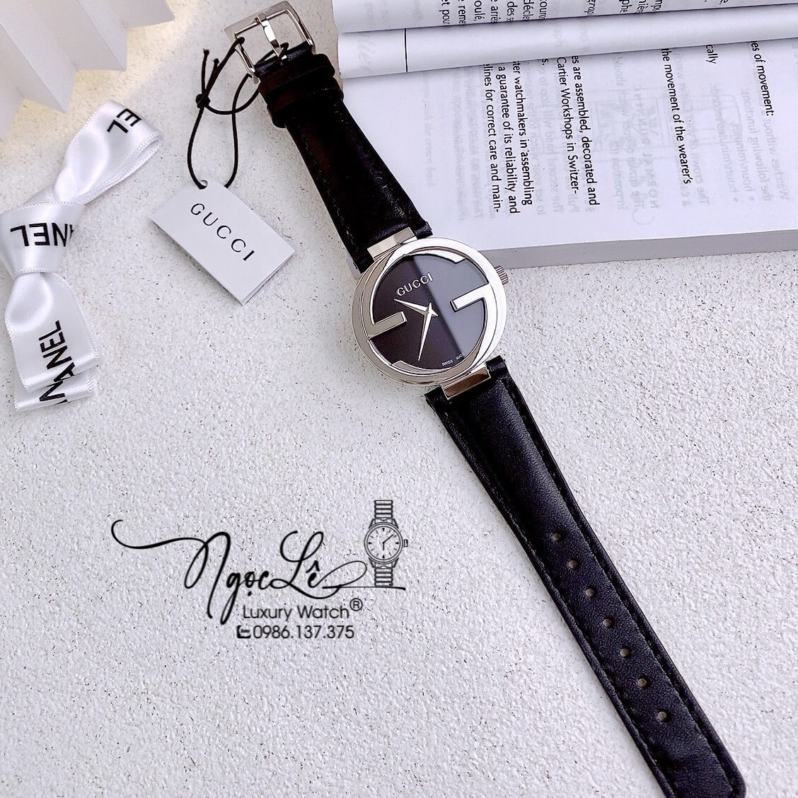 Đồng Hồ Nữ Gucci Dây Da Đen Mặt Đen Vỏ Bạc Cao Cấp Size 29mm Máy Quartz