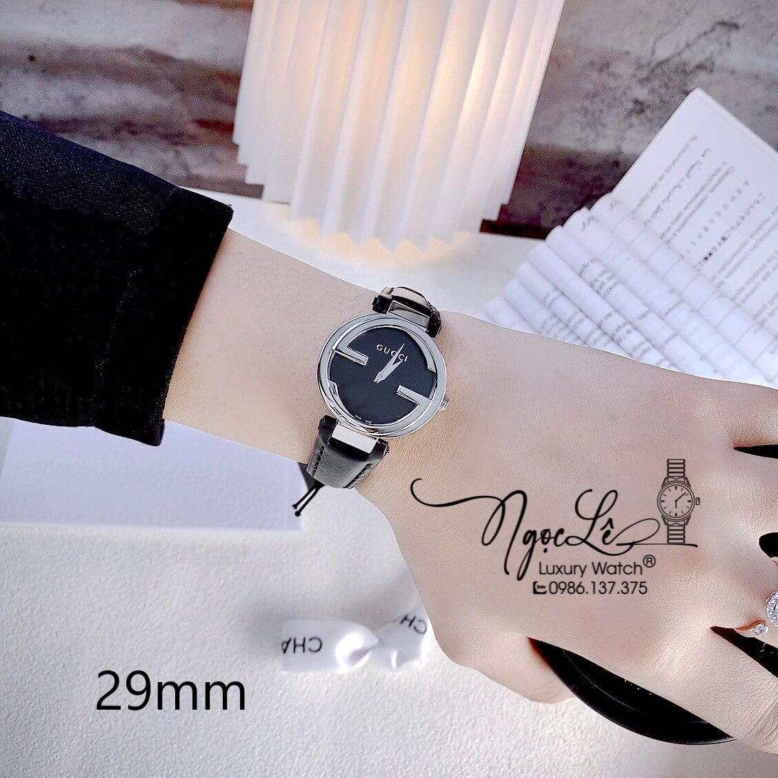 Đồng Hồ Nữ Gucci Dây Da Đen Mặt Đen Vỏ Bạc Cao Cấp Size 29mm Máy Quartz