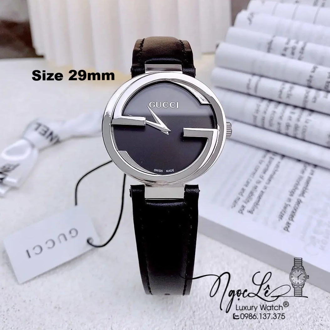 Đồng Hồ Nữ Gucci Dây Da Đen Mặt Đen Vỏ Bạc Cao Cấp Size 29mm Máy Quartz