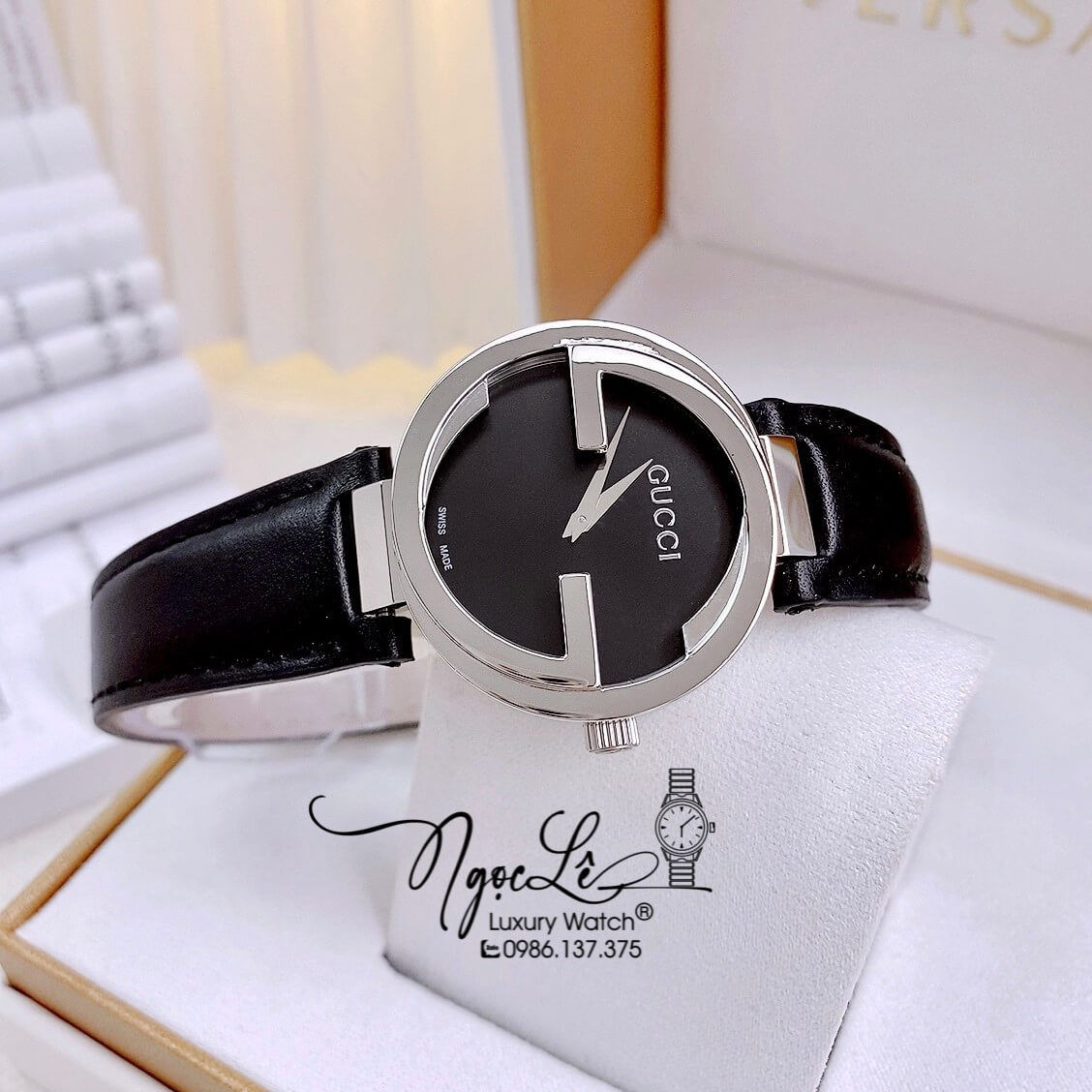 Đồng Hồ Nữ Gucci Dây Da Đen Mặt Đen Vỏ Bạc Cao Cấp Size 29mm Máy Quartz