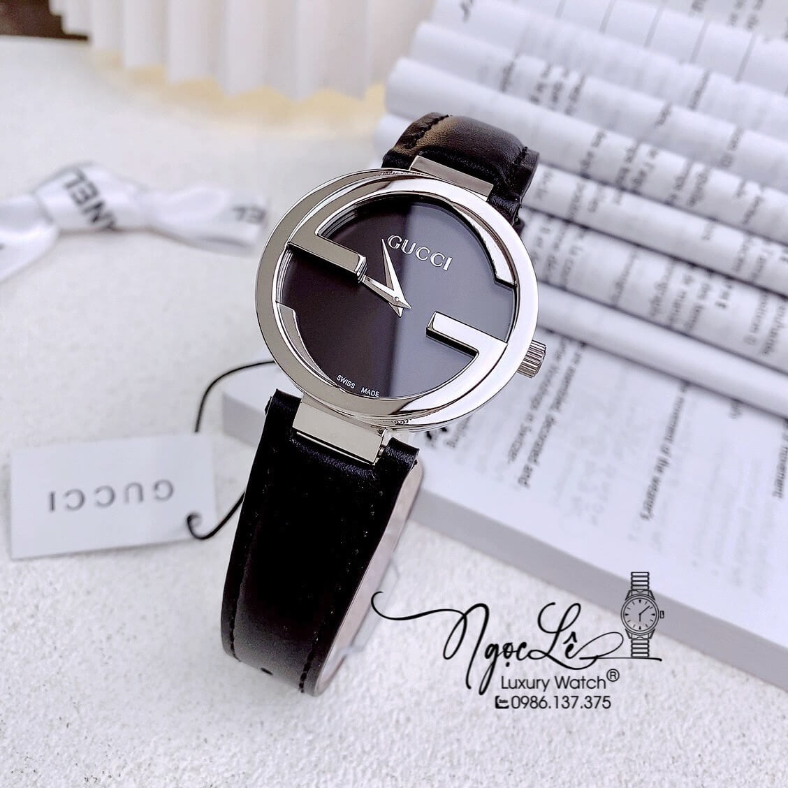 Đồng Hồ Nữ Gucci Dây Da Đen Mặt Đen Vỏ Bạc Cao Cấp Size 29mm Máy Quartz