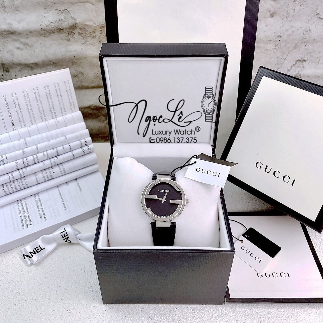Đồng Hồ Nữ Gucci Dây Da Đen Mặt Đen Vỏ Bạc Cao Cấp Size 29mm Máy Quartz
