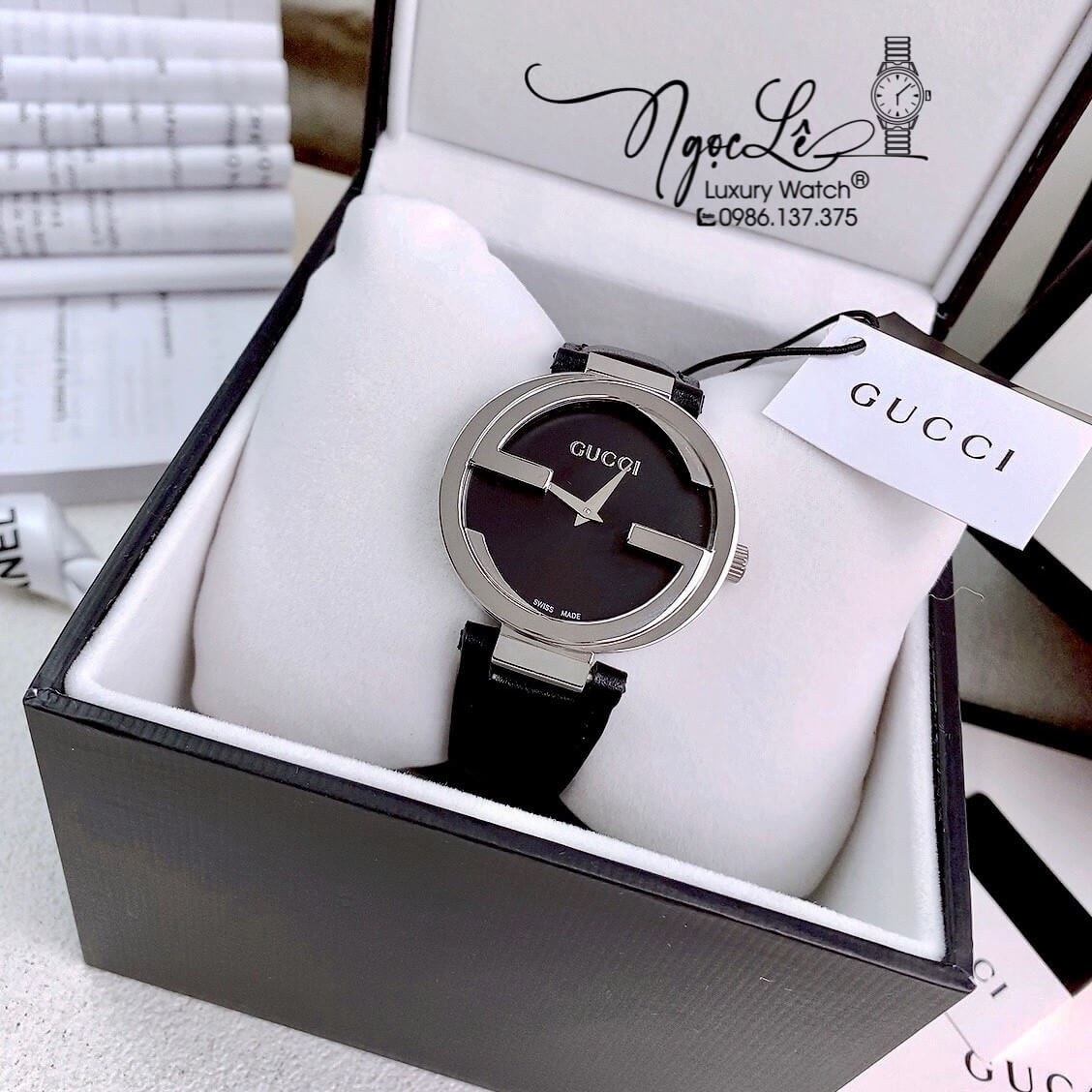Đồng Hồ Nữ Gucci Dây Da Đen Mặt Đen Vỏ Bạc Cao Cấp Size 36mm Máy Quartz