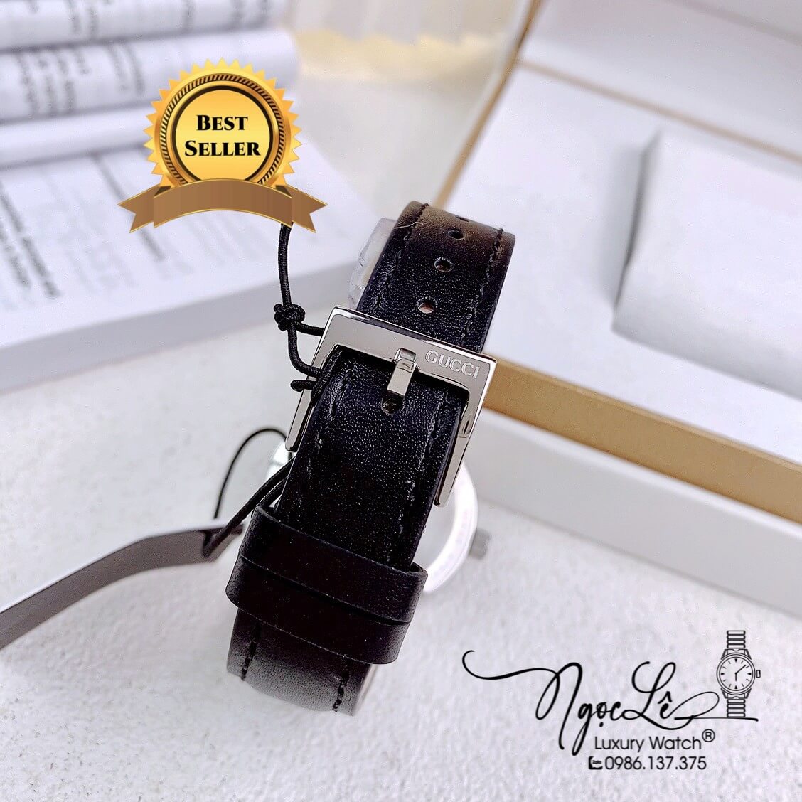 Đồng Hồ Nữ Gucci Dây Da Đen Mặt Đen Vỏ Bạc Cao Cấp Size 36mm Máy Quartz